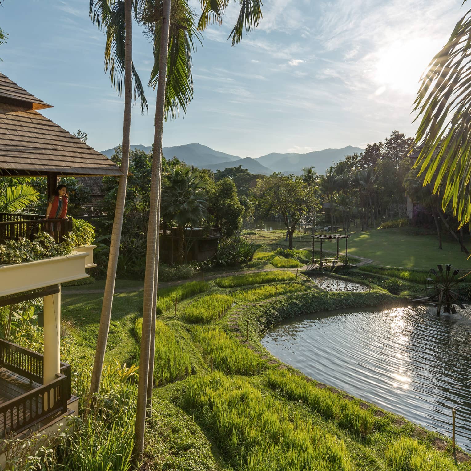Woman stands on second floor balcony, looks beyond palms to green grass, river below