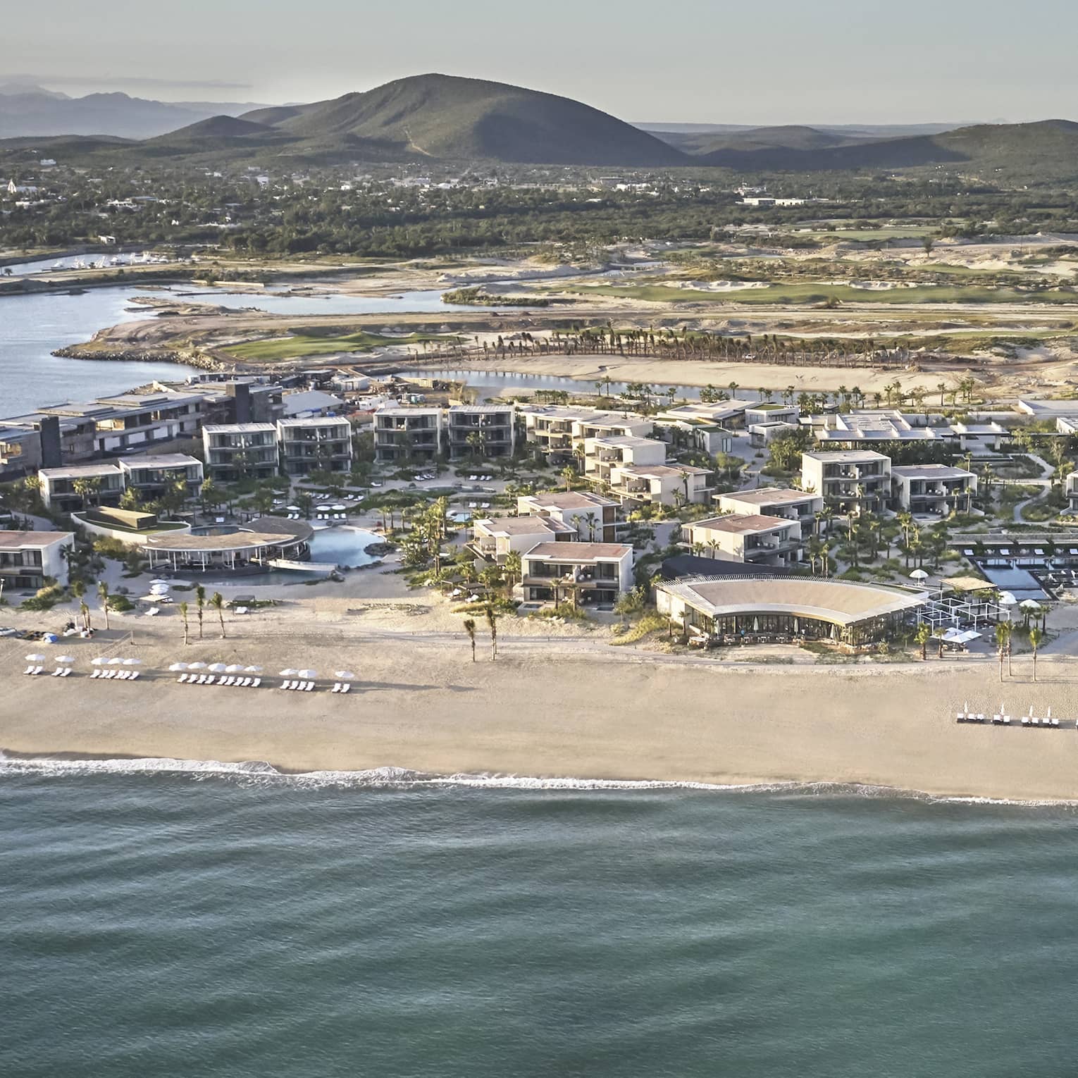 Aerial view of a beachside resort in Los Cabos
