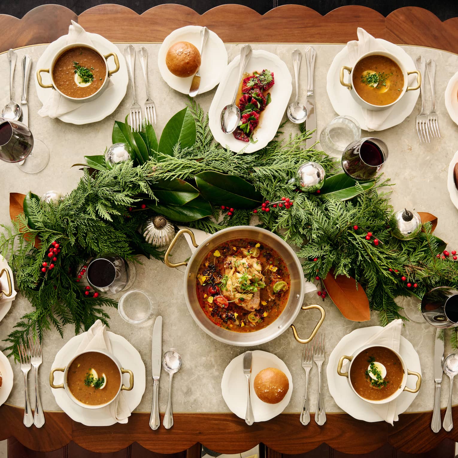 A large table with various foods.