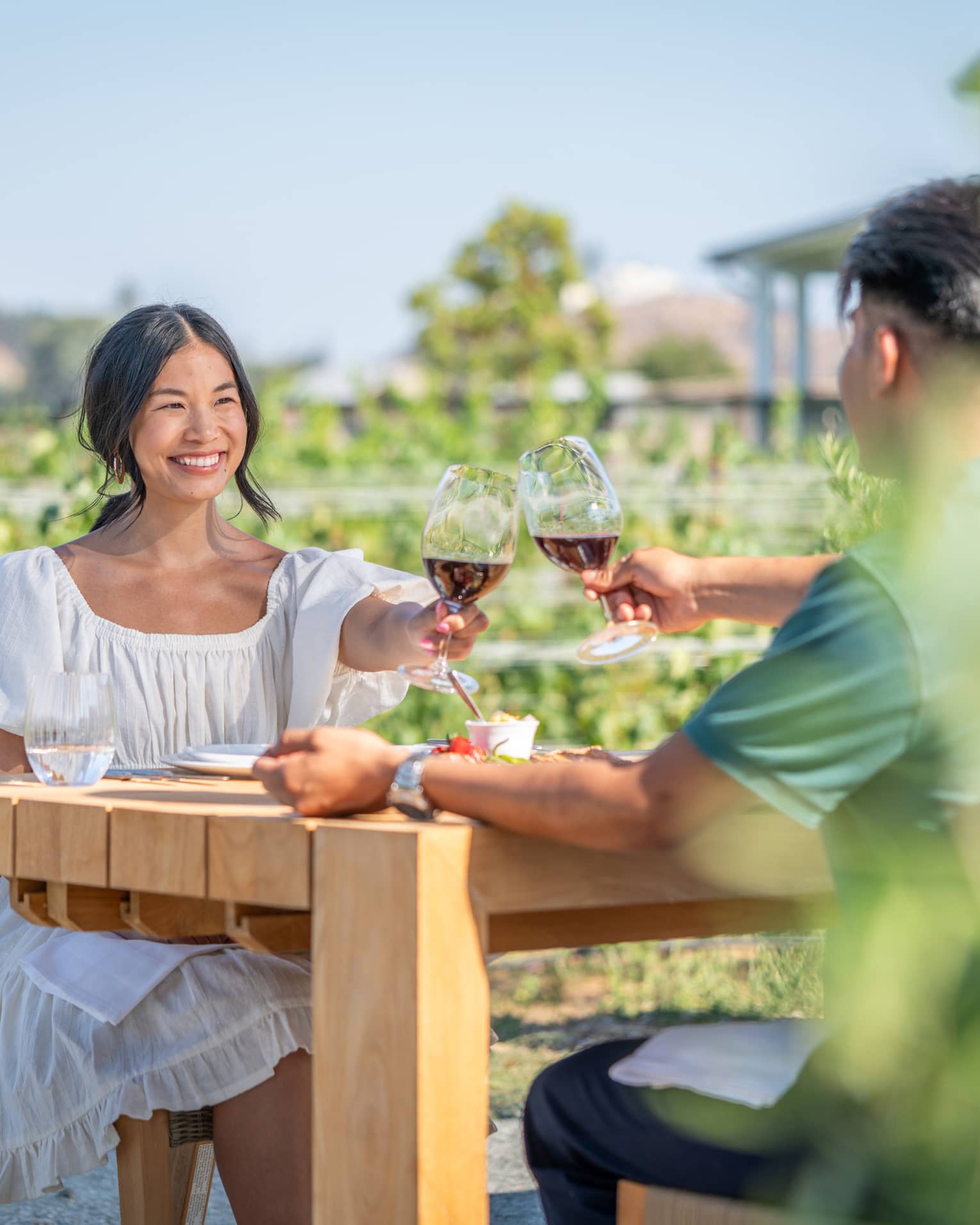 Two people sitting at an outdoor table in a vineyard, toasting with glasses of red wine, with greenery and hills in the background.