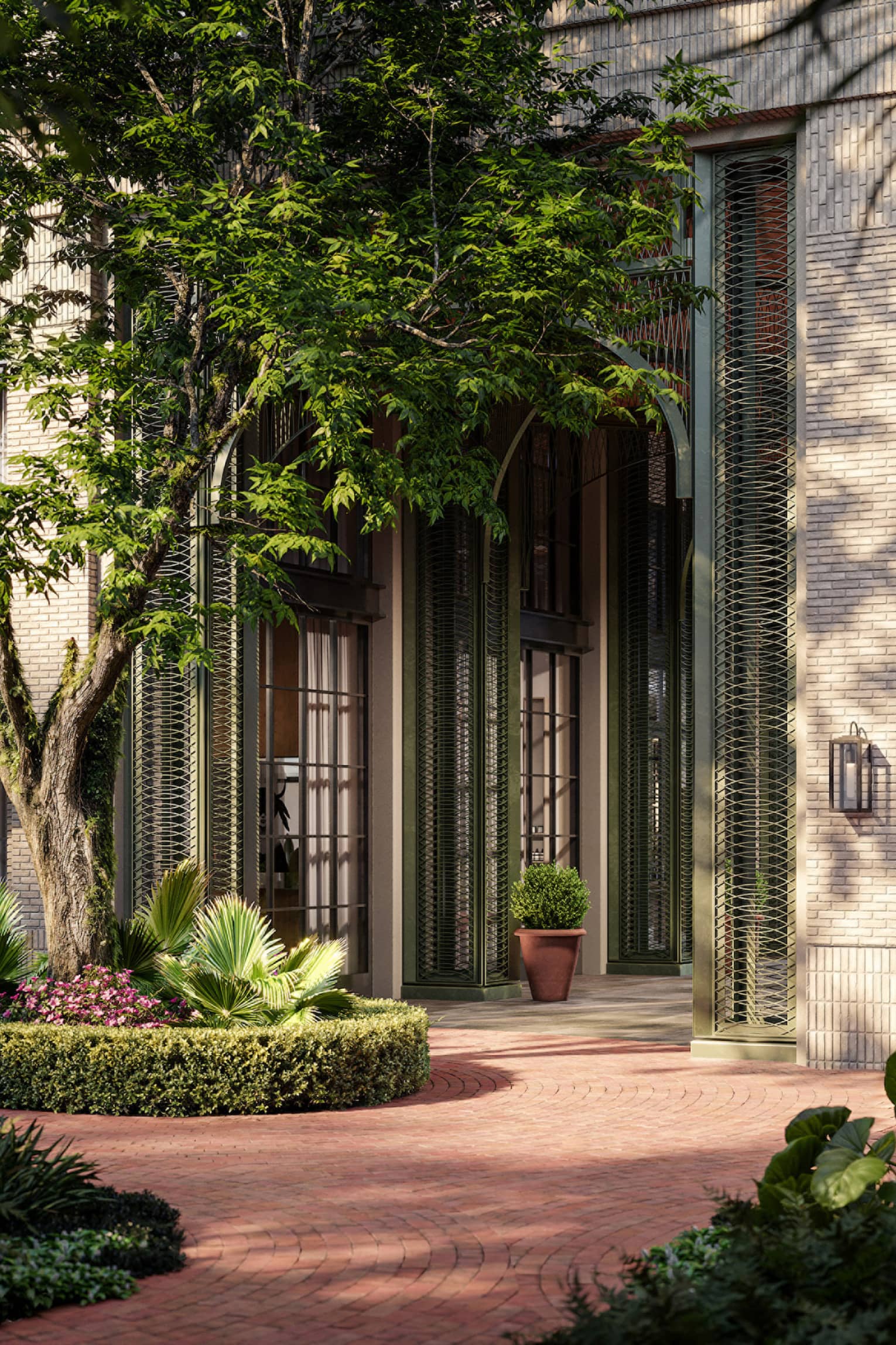 Rendering of exterior of building, with expertly manicured foliage