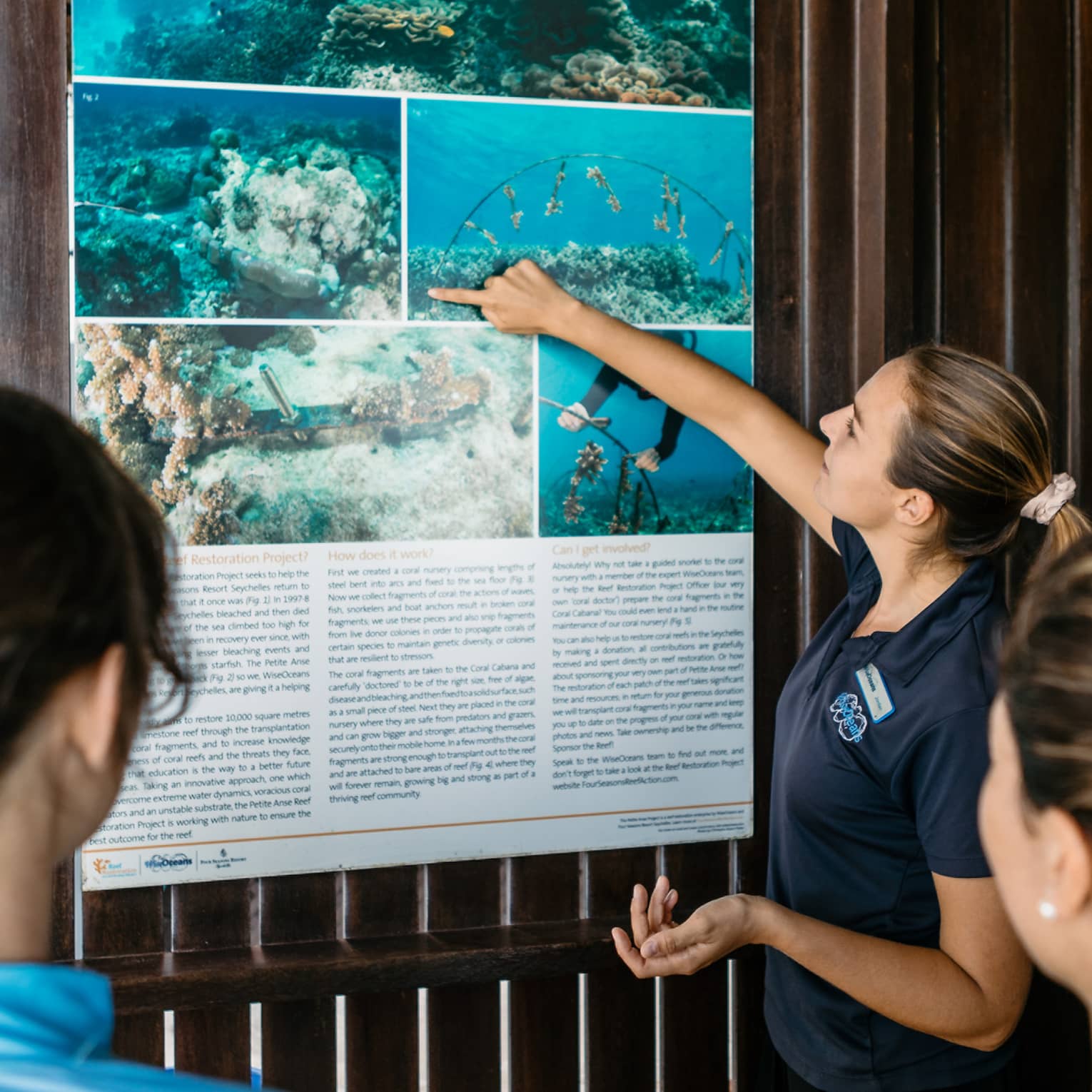 WiseOceans educator pointing at wall poster in front of group