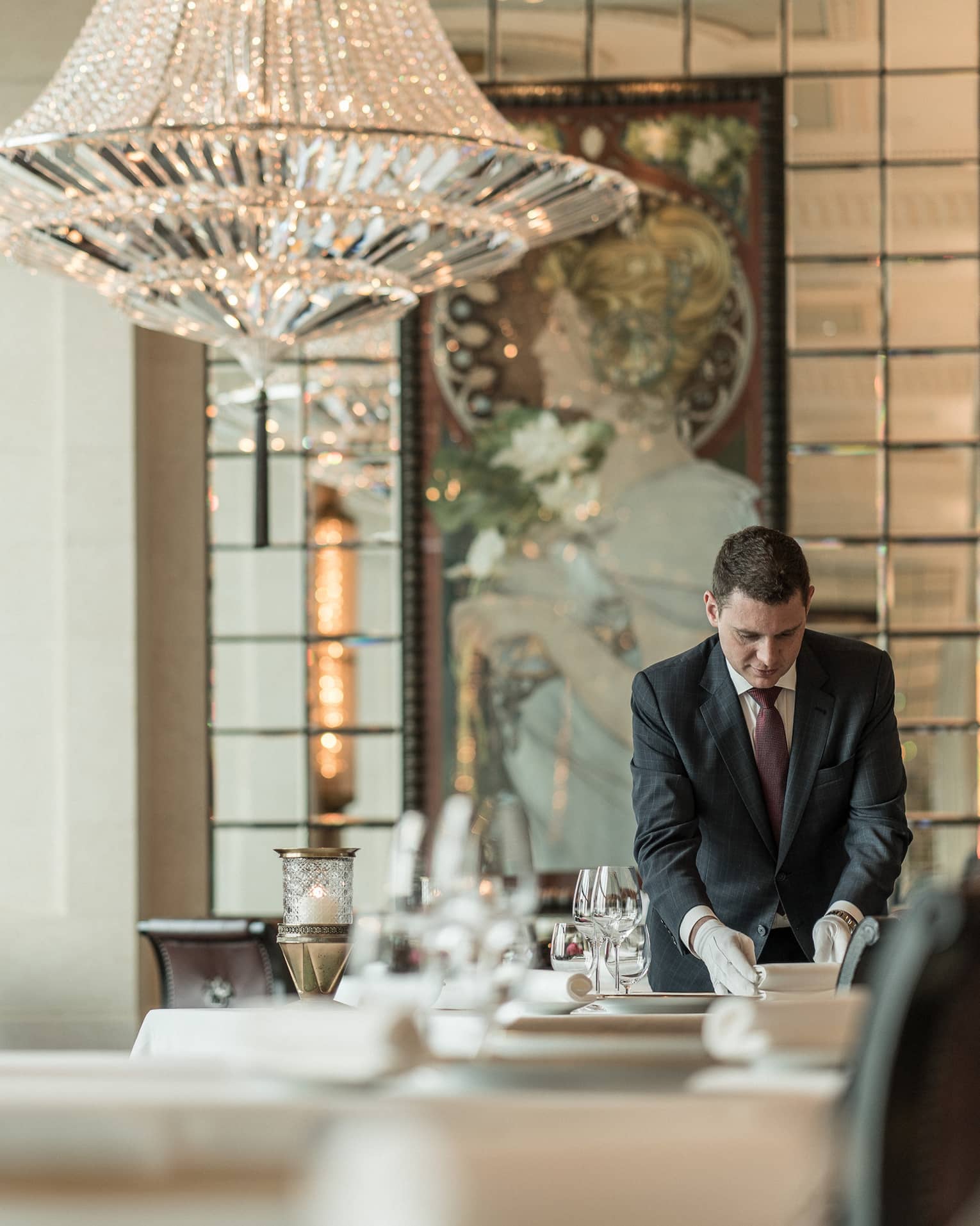A crystal chandelier in Caprice, a French restaurant 