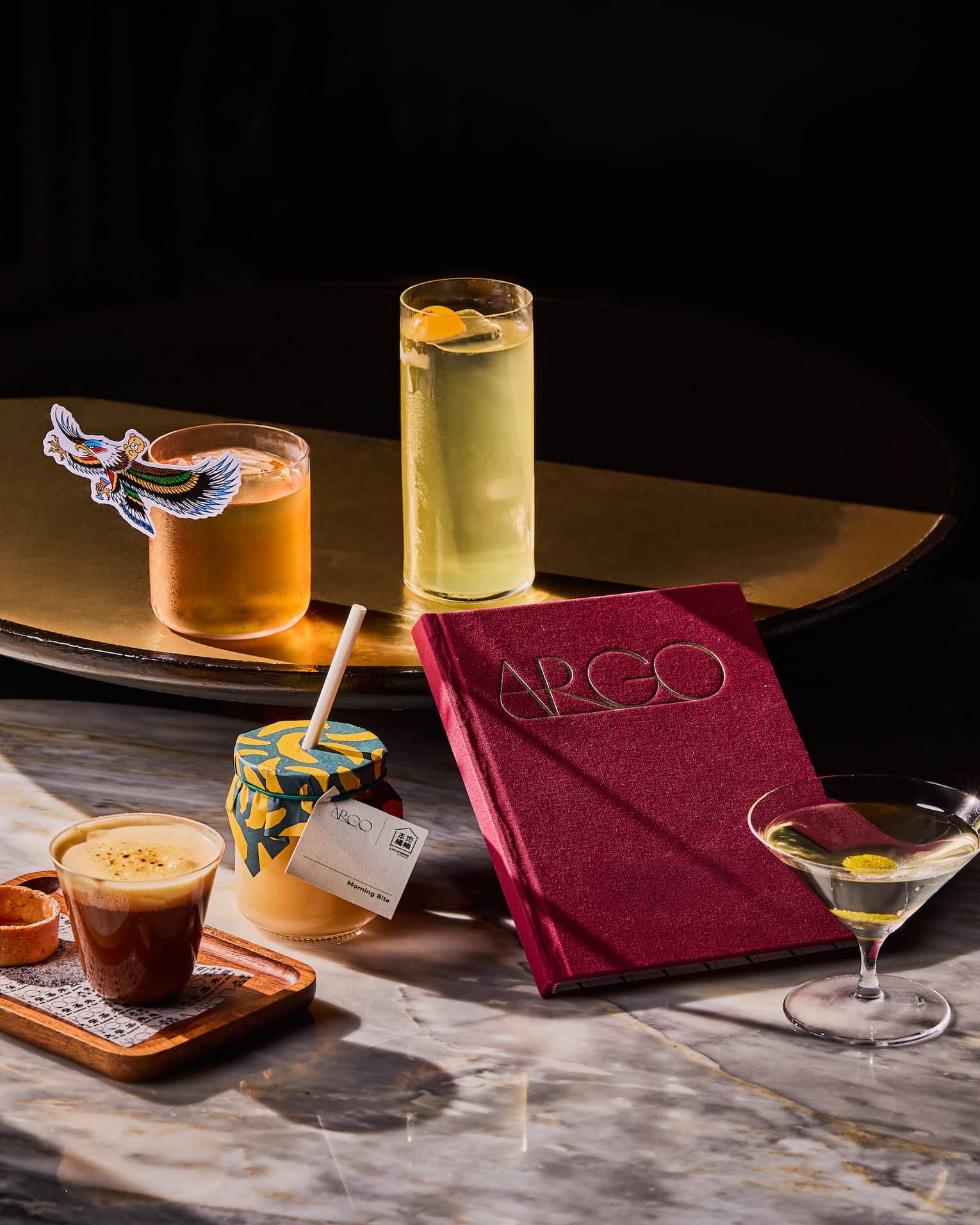 Drinks displayed on a stand on a bar