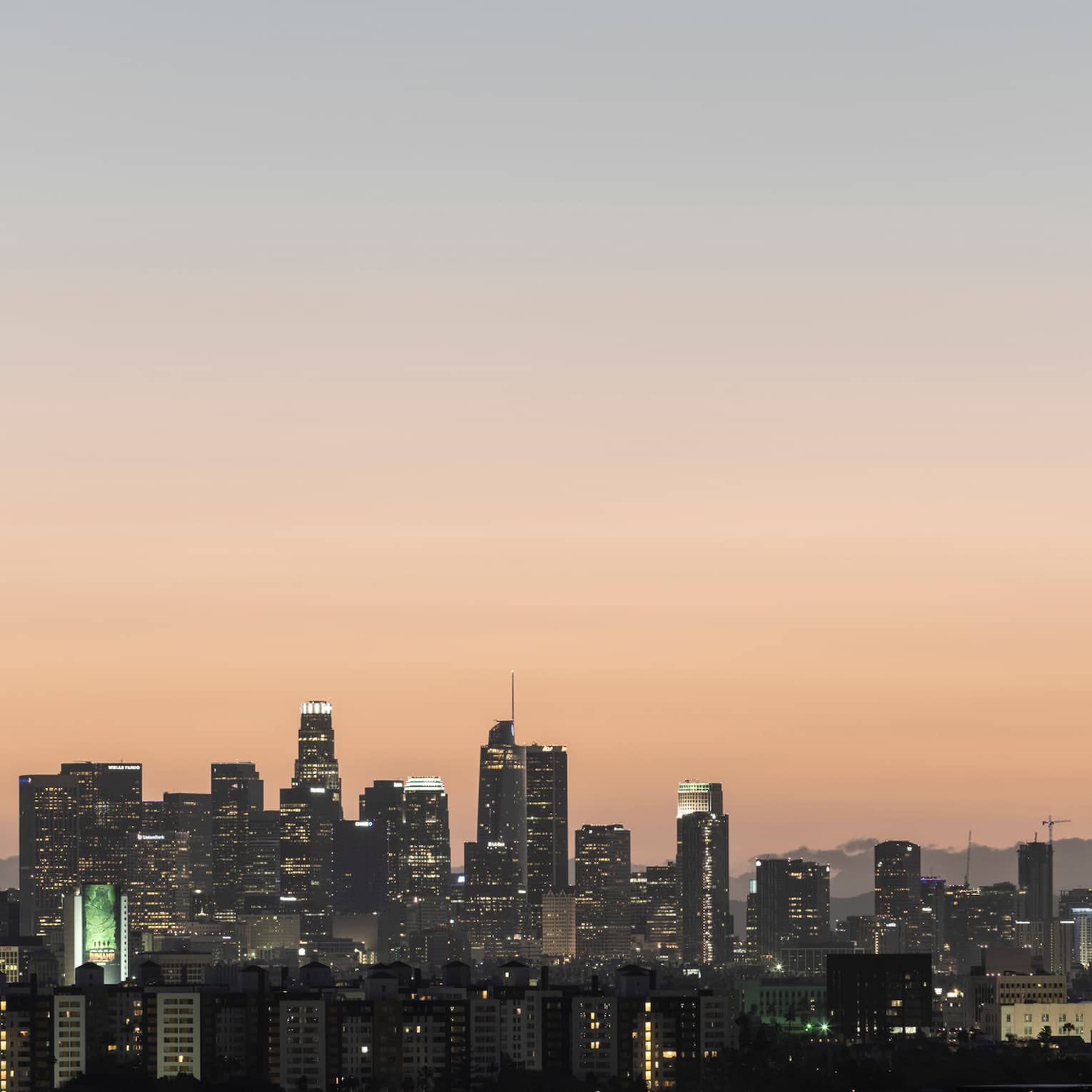 Los Angeles buildings, city skyline at sunset