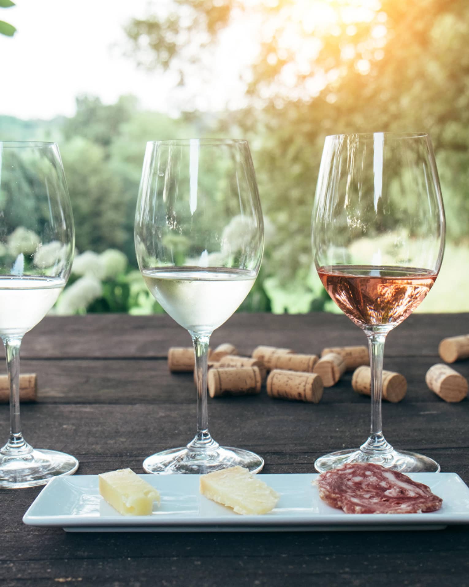 Tasting glasses of white, rose and red wine in row behind cheese platter on patio table, corks