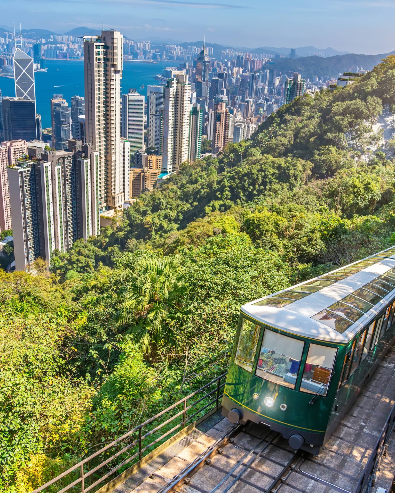 The Peak Tram rises about Hong Kong city on a lush mountainside