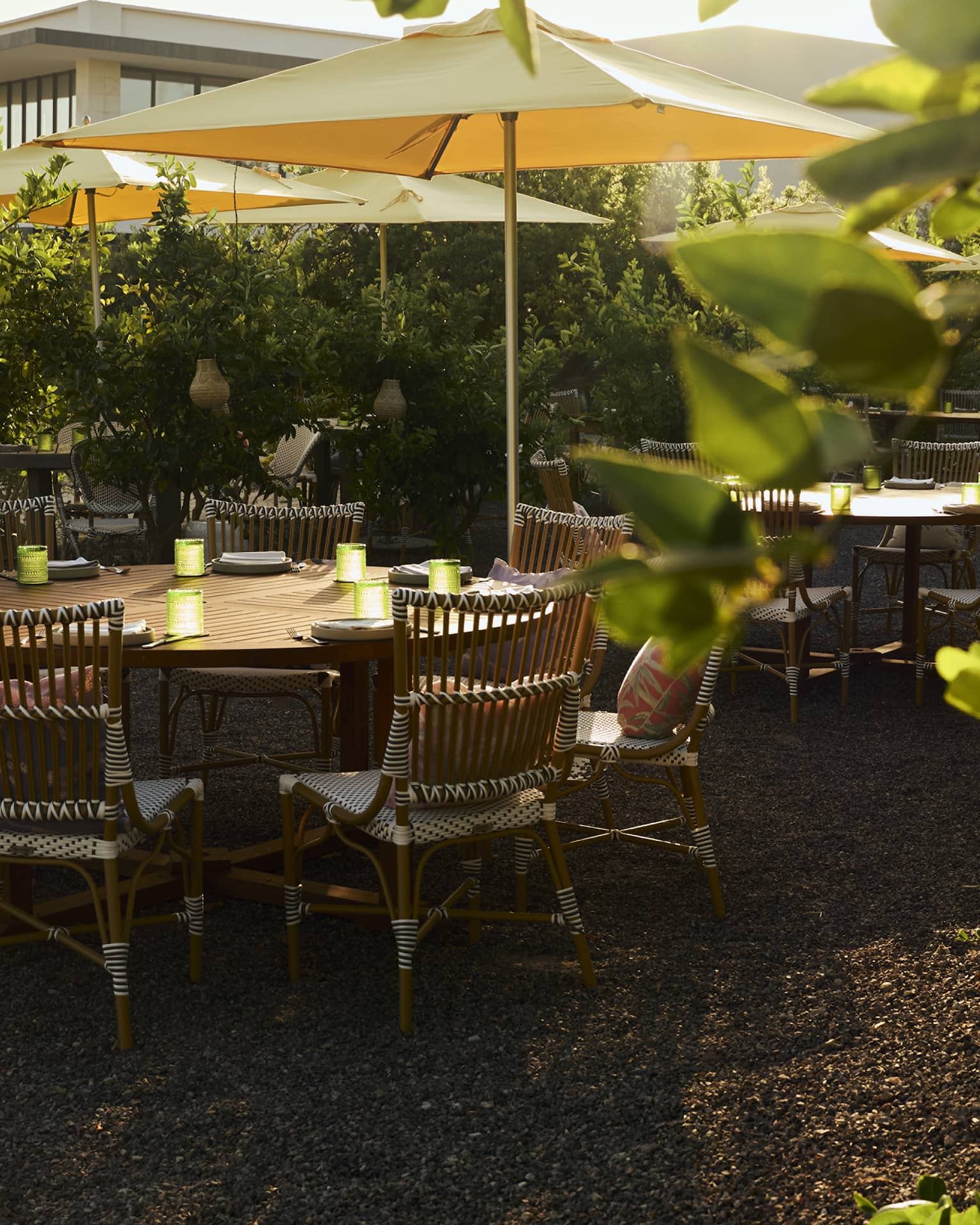 Round outdoor table with rattan chairs in garden setting
