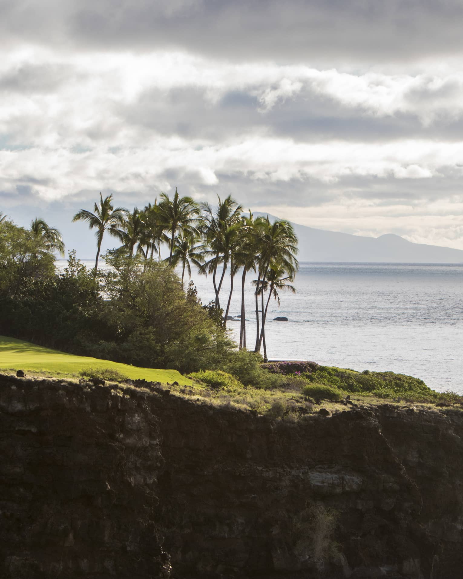 Long view of two people on clifftop golf green aside lush trees and towering palms; fluffy clouds, ocean and mountain beyond.