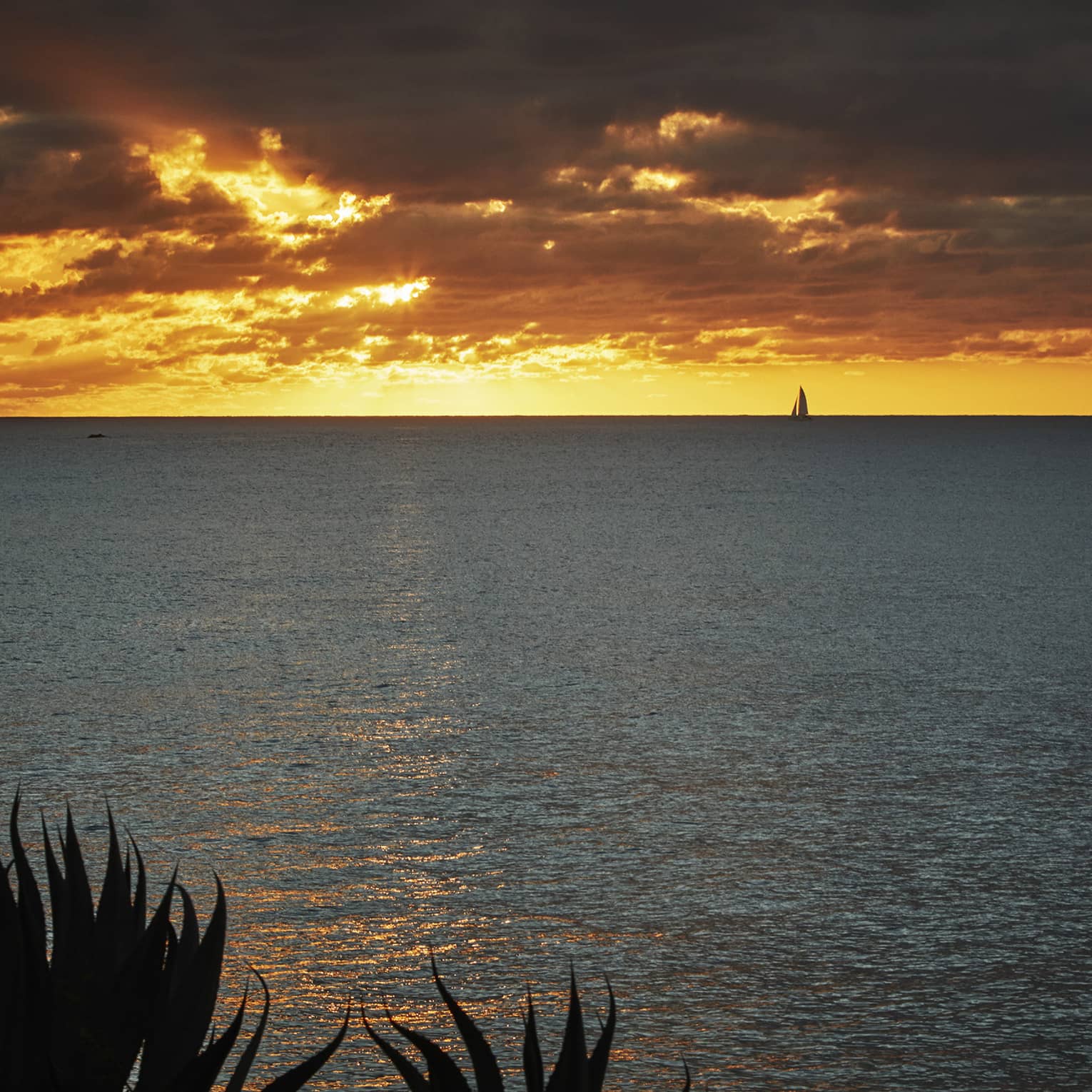 Bright orange sunset over the ocean with dramatic clouds and a sailboat in the distance