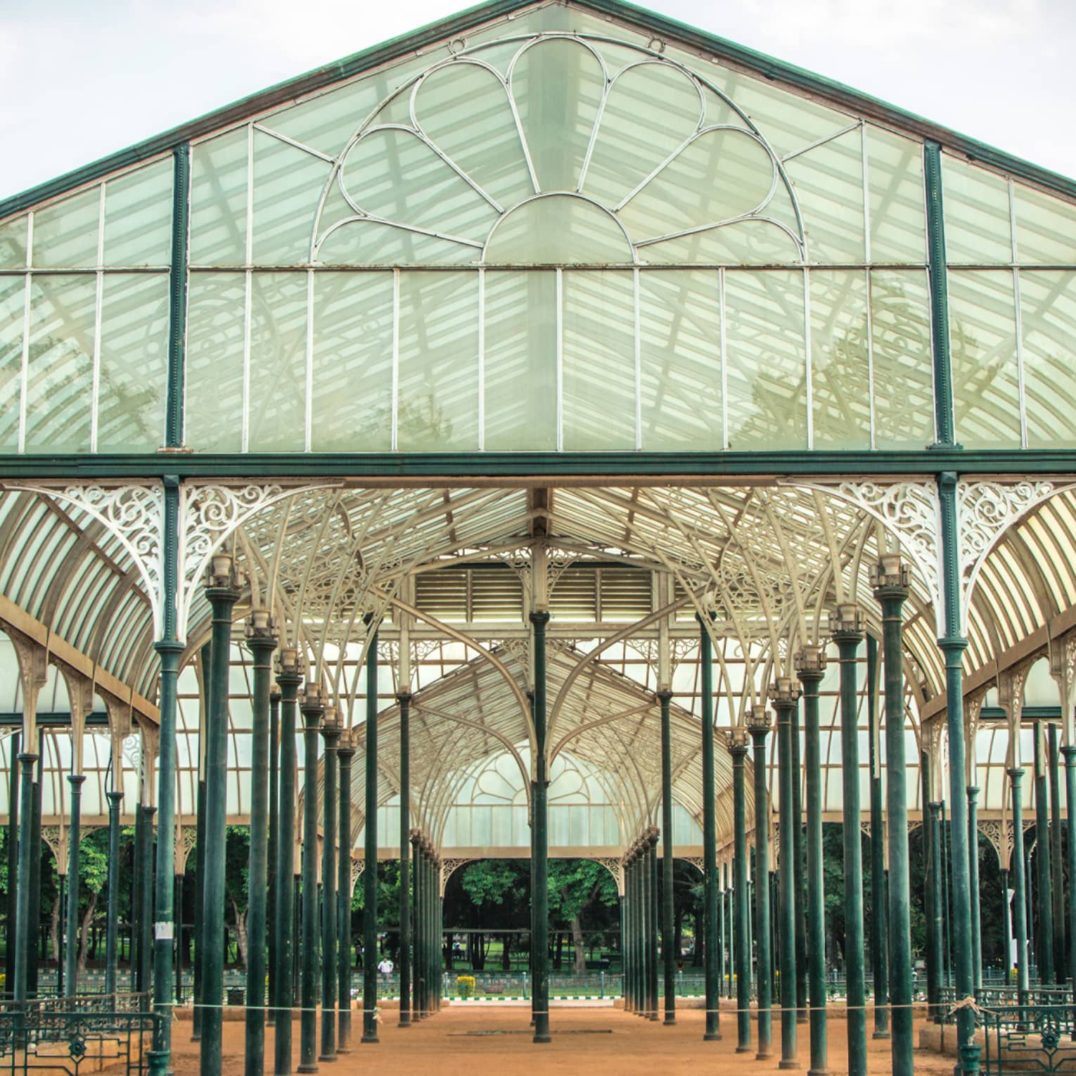 Arched entrance to Glasshouse at Lalbagh Gardens in Bangalore, India