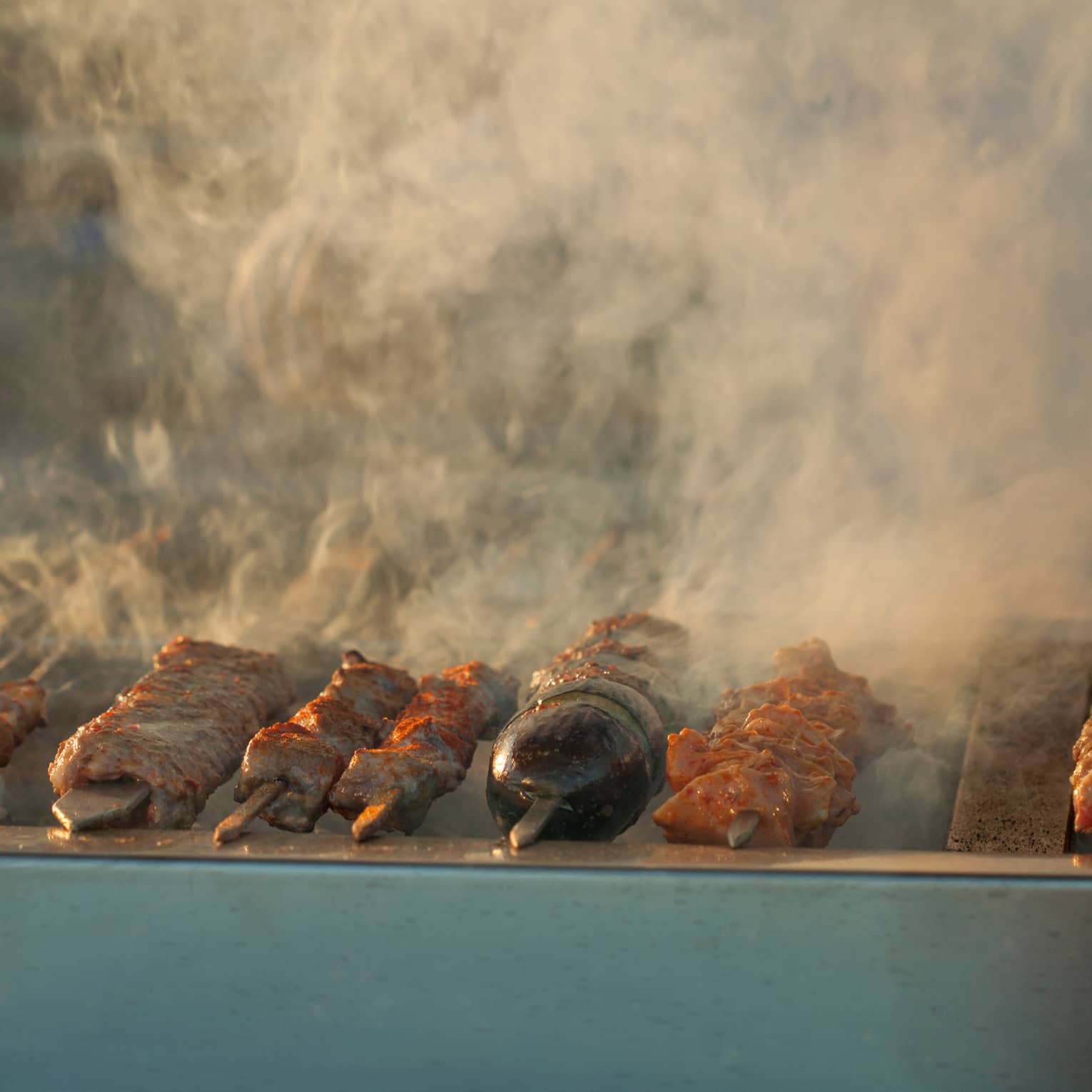 Steaming shish kebabs on skewers on grill