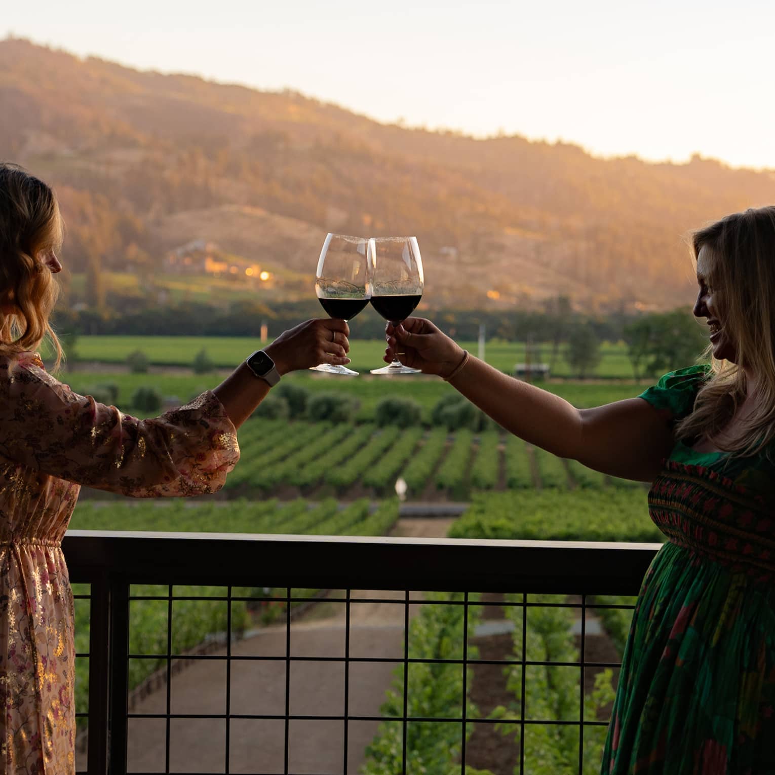 Two guests standing on a balcony overlooking a vineyard and holding their wine glasses in the air