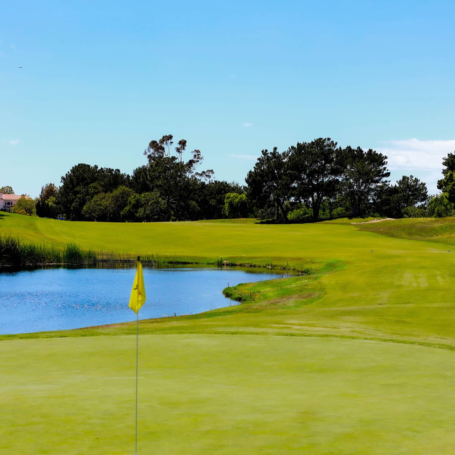 A golf course with a putting green and lake