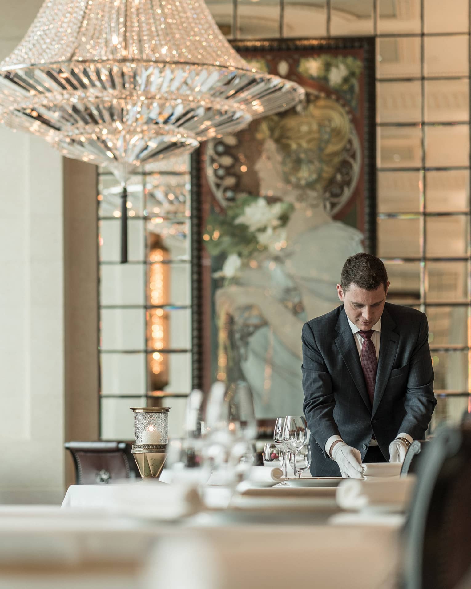 A crystal chandelier in Caprice, a French restaurant 