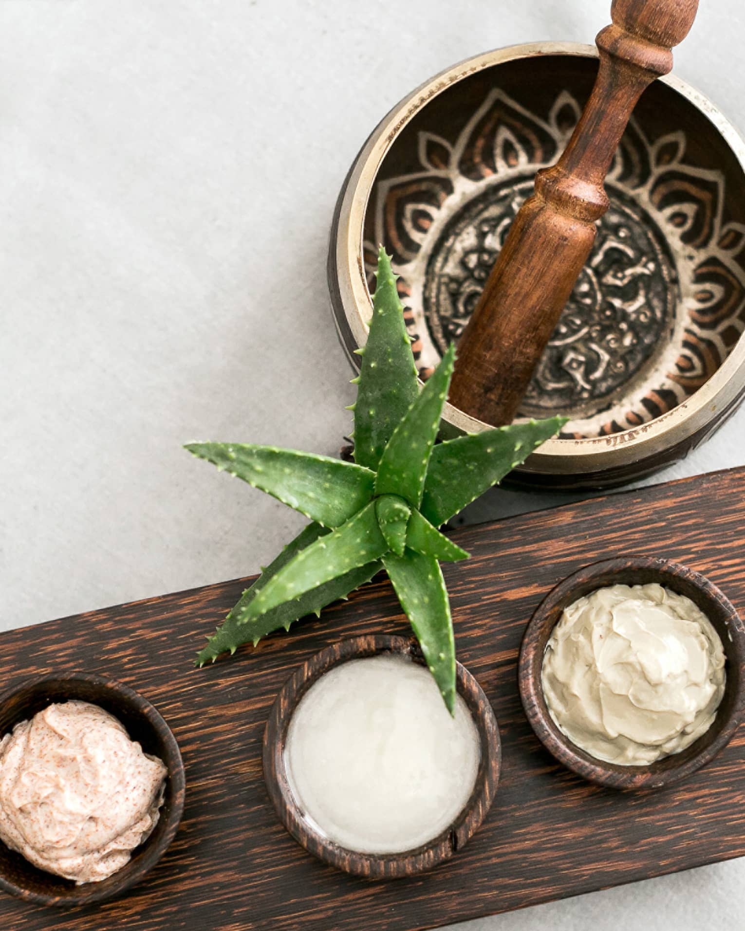 Aerial view of decorative mortar and pestle, small aloe plant, wood tray with three small bowls with creams