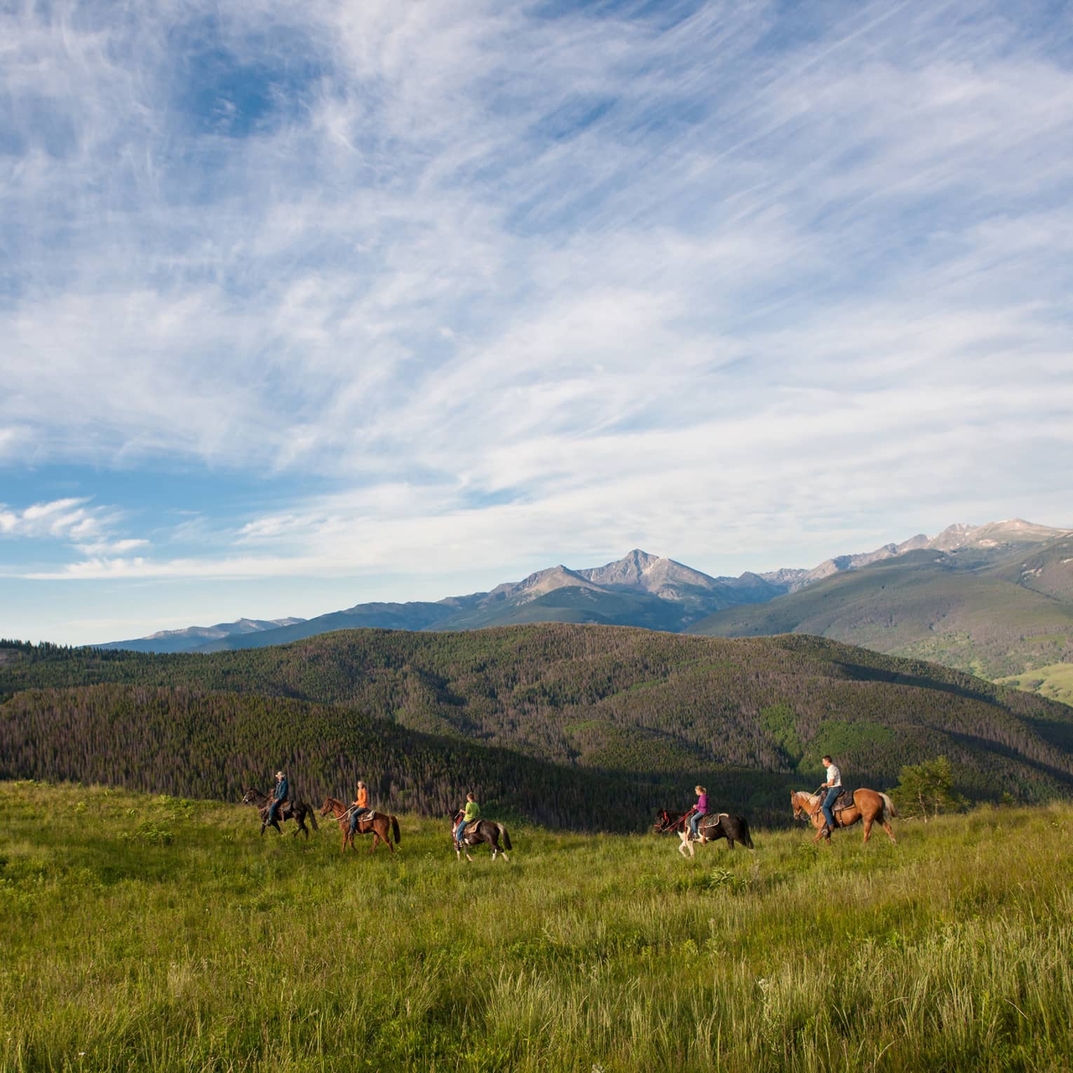 A group of people on horseback riding along grass and hills.