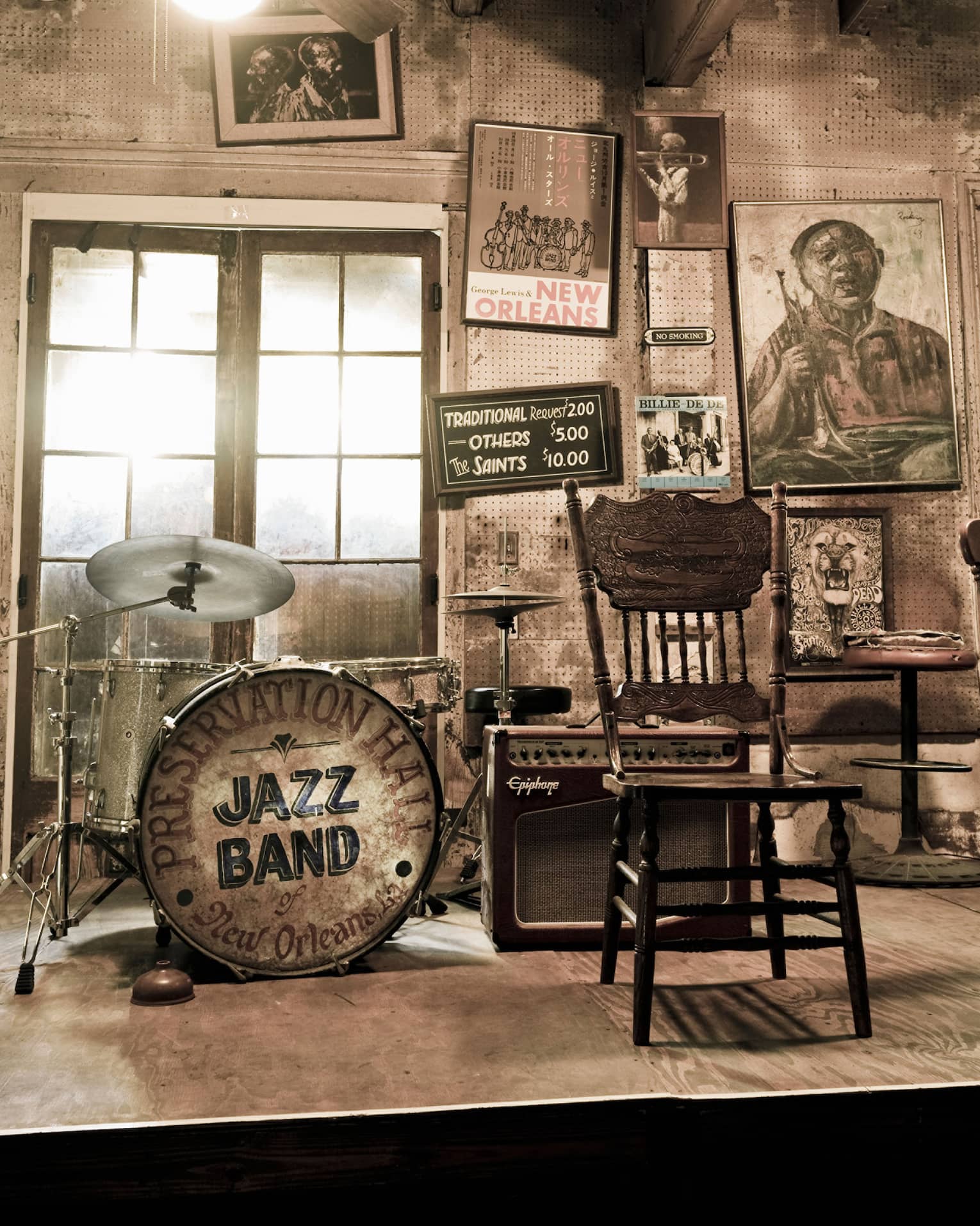 New Orleans stage set up with chairs, drum with words Jazz Band