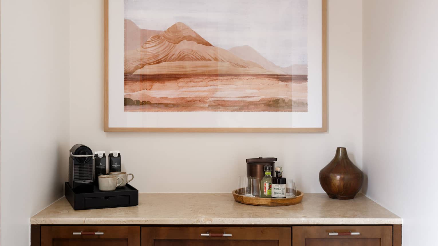 Bar and coffee area of guest room at Four Seasons Resort Santa Fe