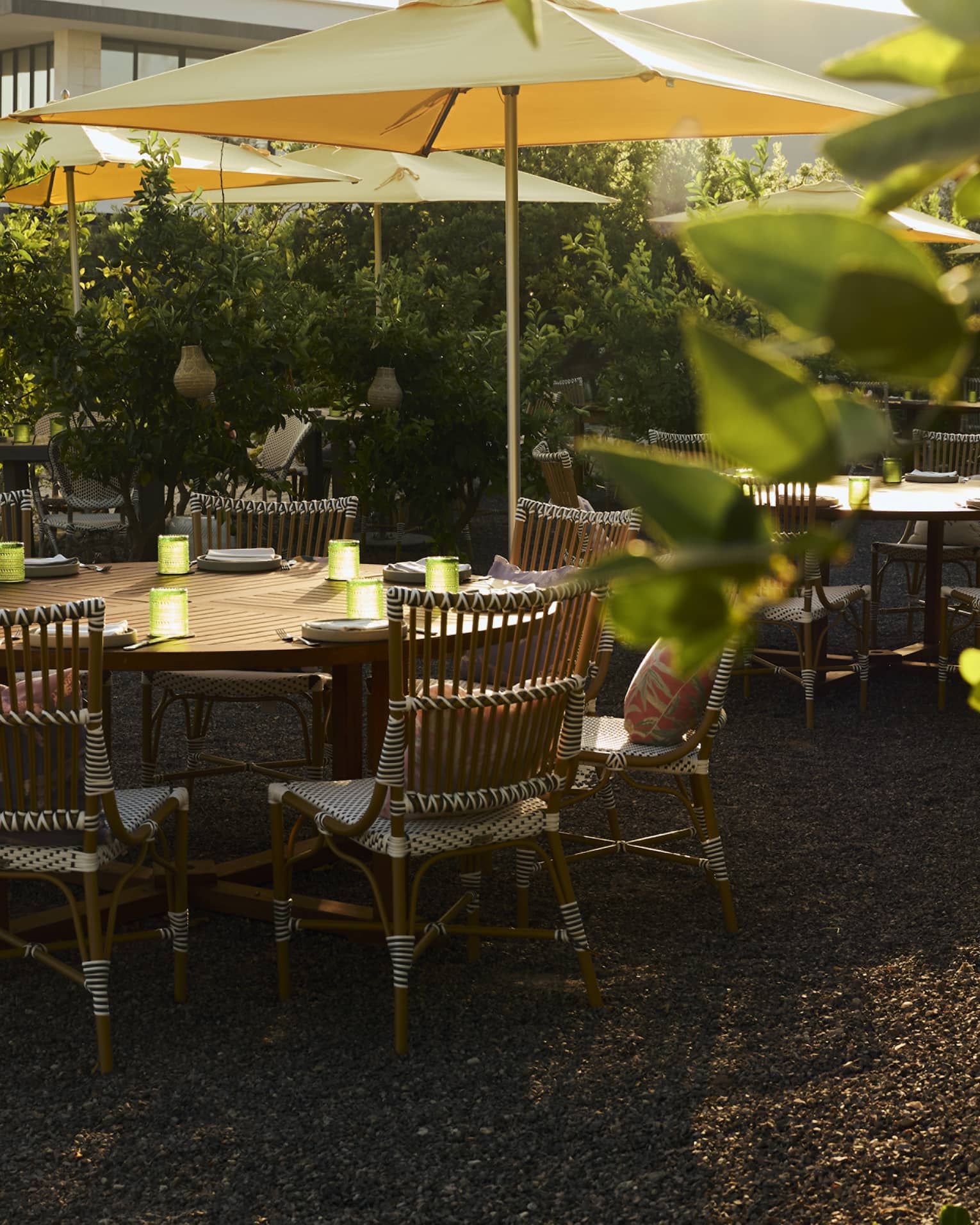 Round outdoor table with rattan chairs in garden setting