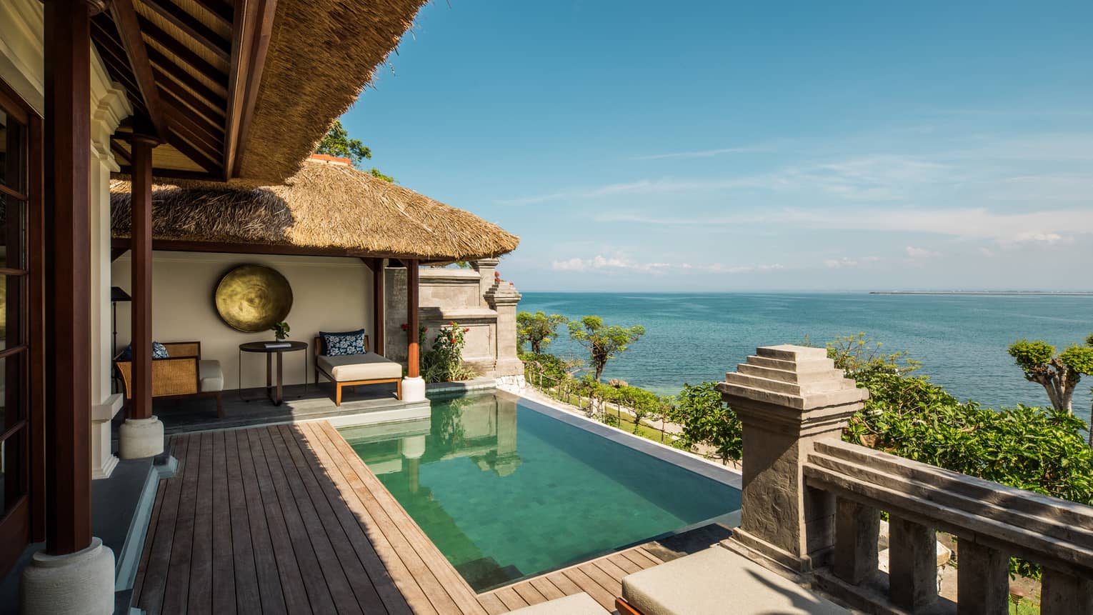 Premier Ocean Villa sunny patio with private swimming pool, large deck, brass art, ocean views