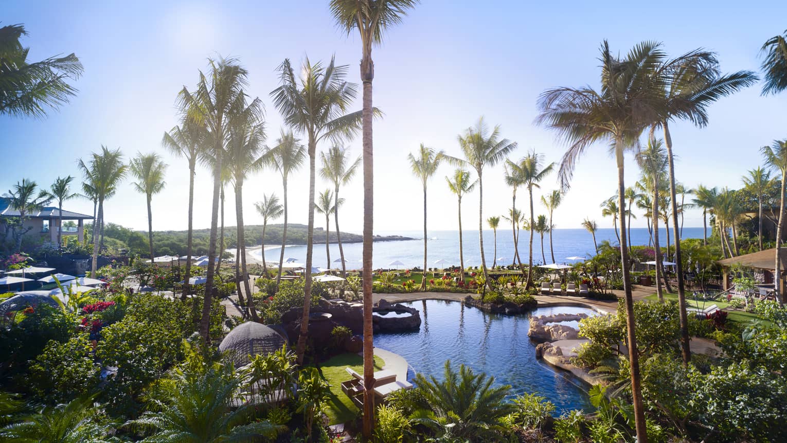 View over Four Seasons Resort Hawaii, Lanai outdoor swimming pools, palm trees by ocean