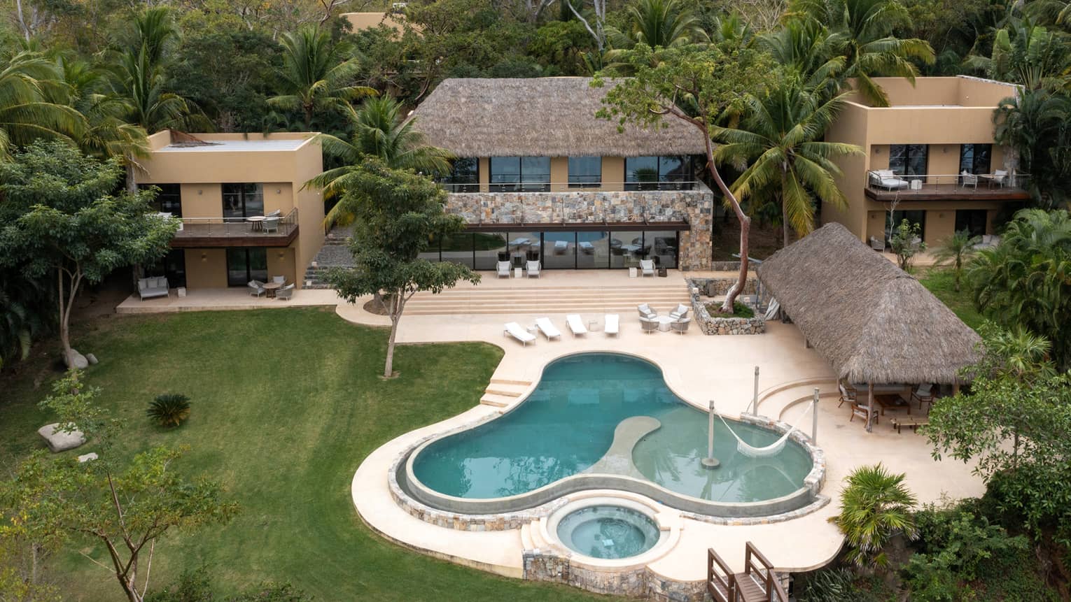 Aerial view of residence rental and private pool
