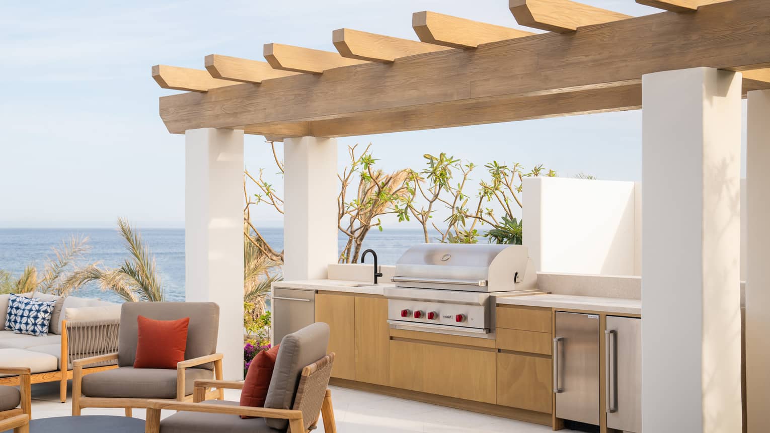 Outdoor pergola and kitchen with ocean-view, luxury ocean-view villa at Four Seasons Resort Cabo San Lucas at Cabo Del Sol