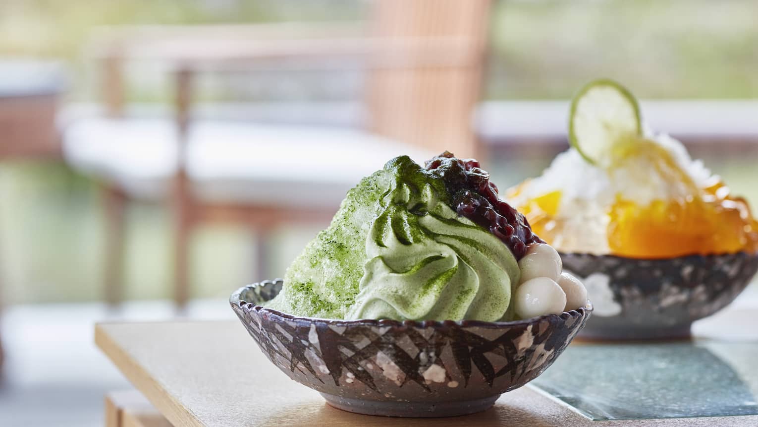 Shaved ice with matcha, yuzu, sweetened bean paste and rice flour dumplings