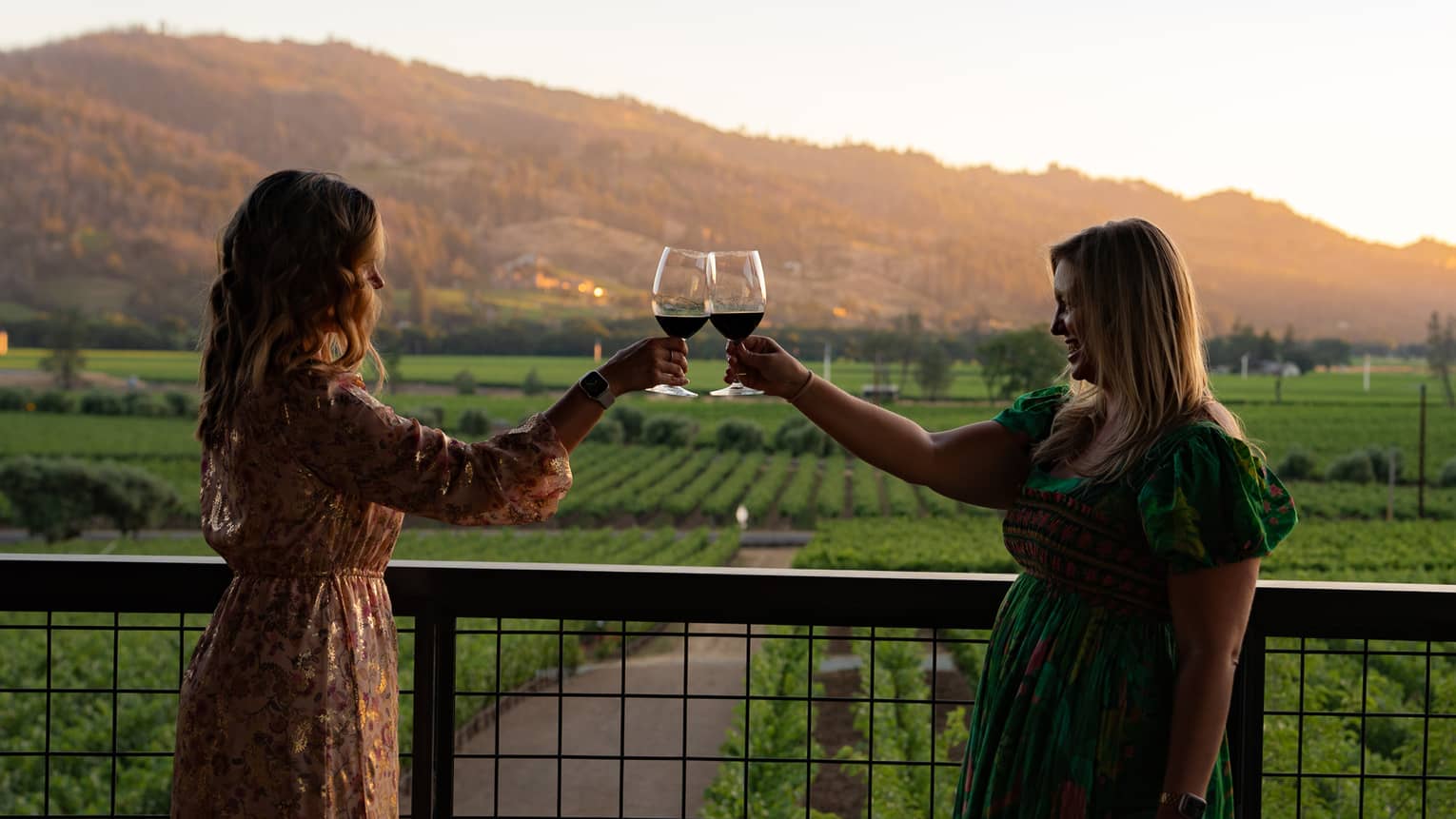 Two guests standing on a balcony overlooking a vineyard and holding their wine glasses in the air