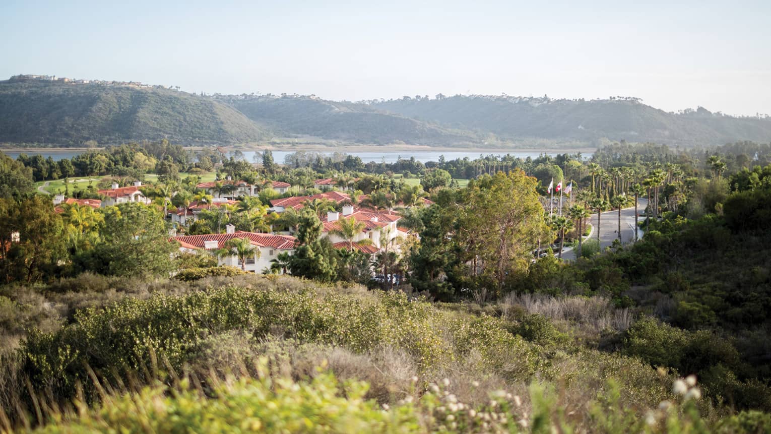 Aviara golf course grassy hills overlooking hotel, lagoon and mountains
