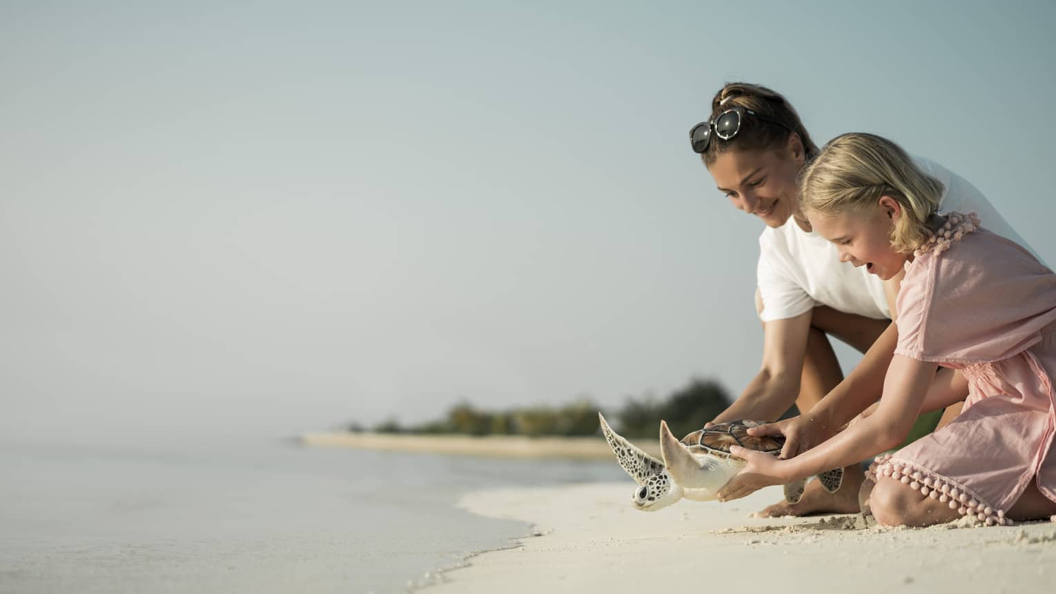 Marine Discovery Centre. Woman and daughter help release a sea turtle back in ocean