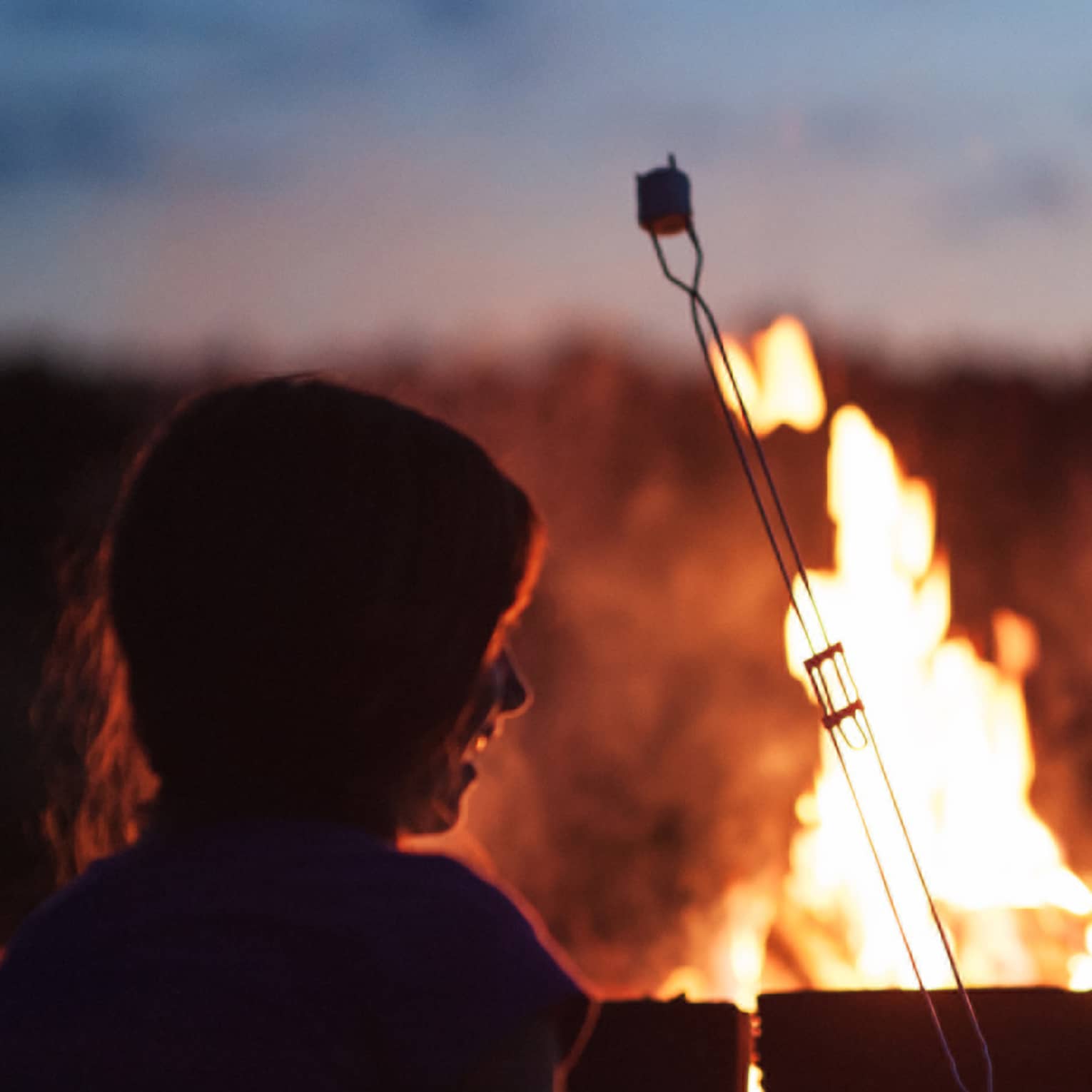 Silhouette of two children roasting marshmallows in front of roaring bonfire 