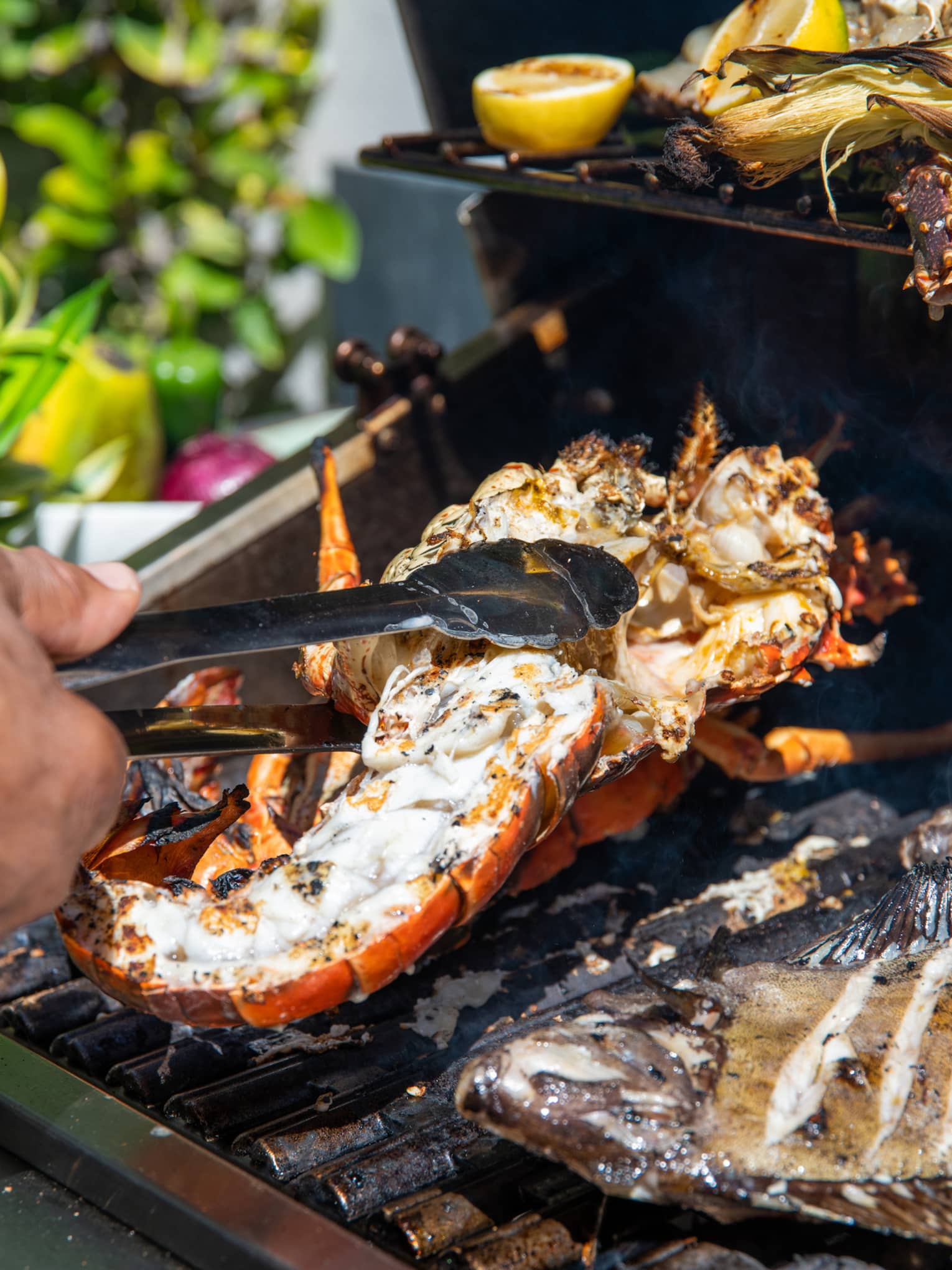 Person using tongs to cook food on a grill.