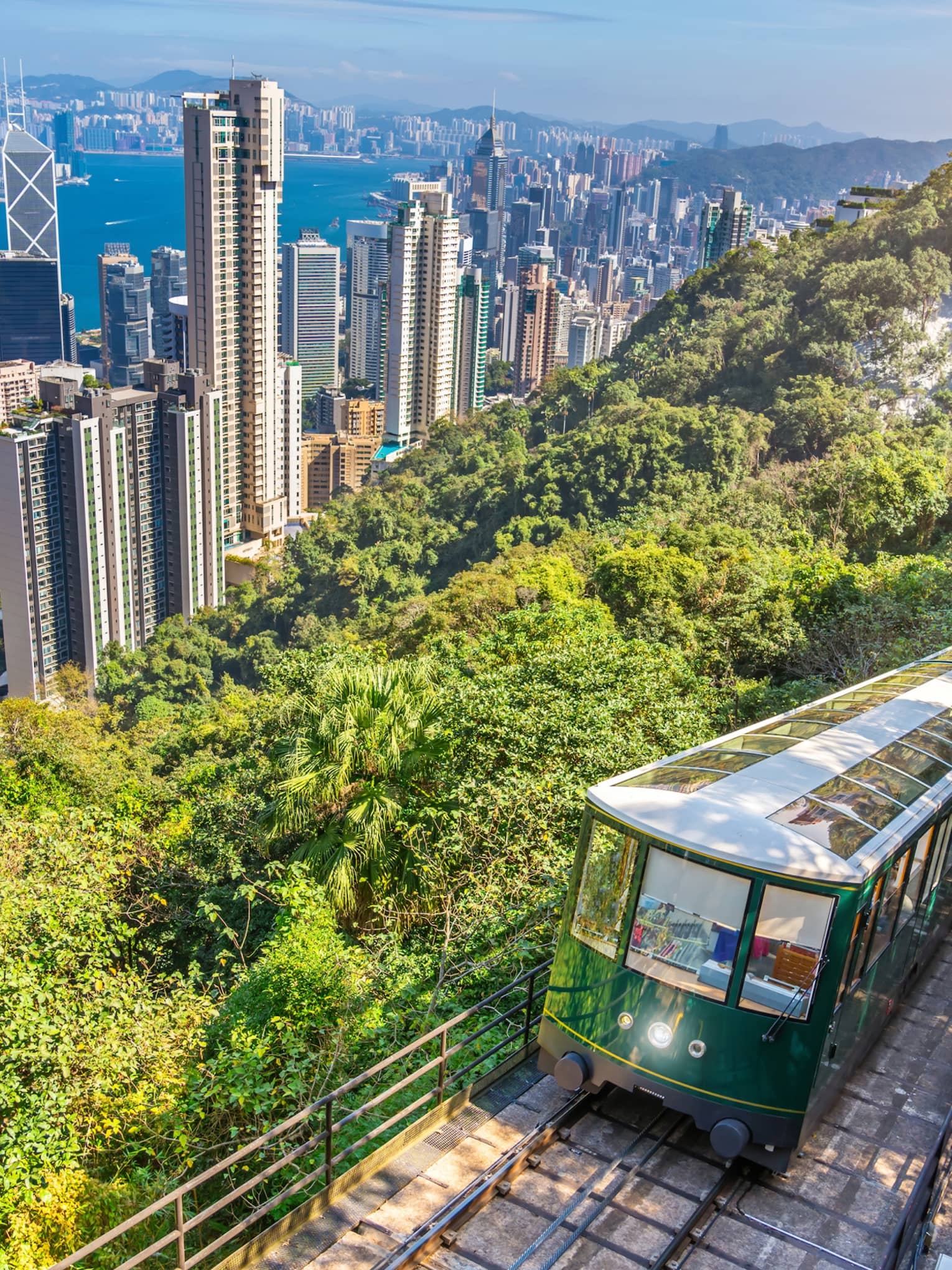 The Peak Tram rises about Hong Kong city on a lush mountainside