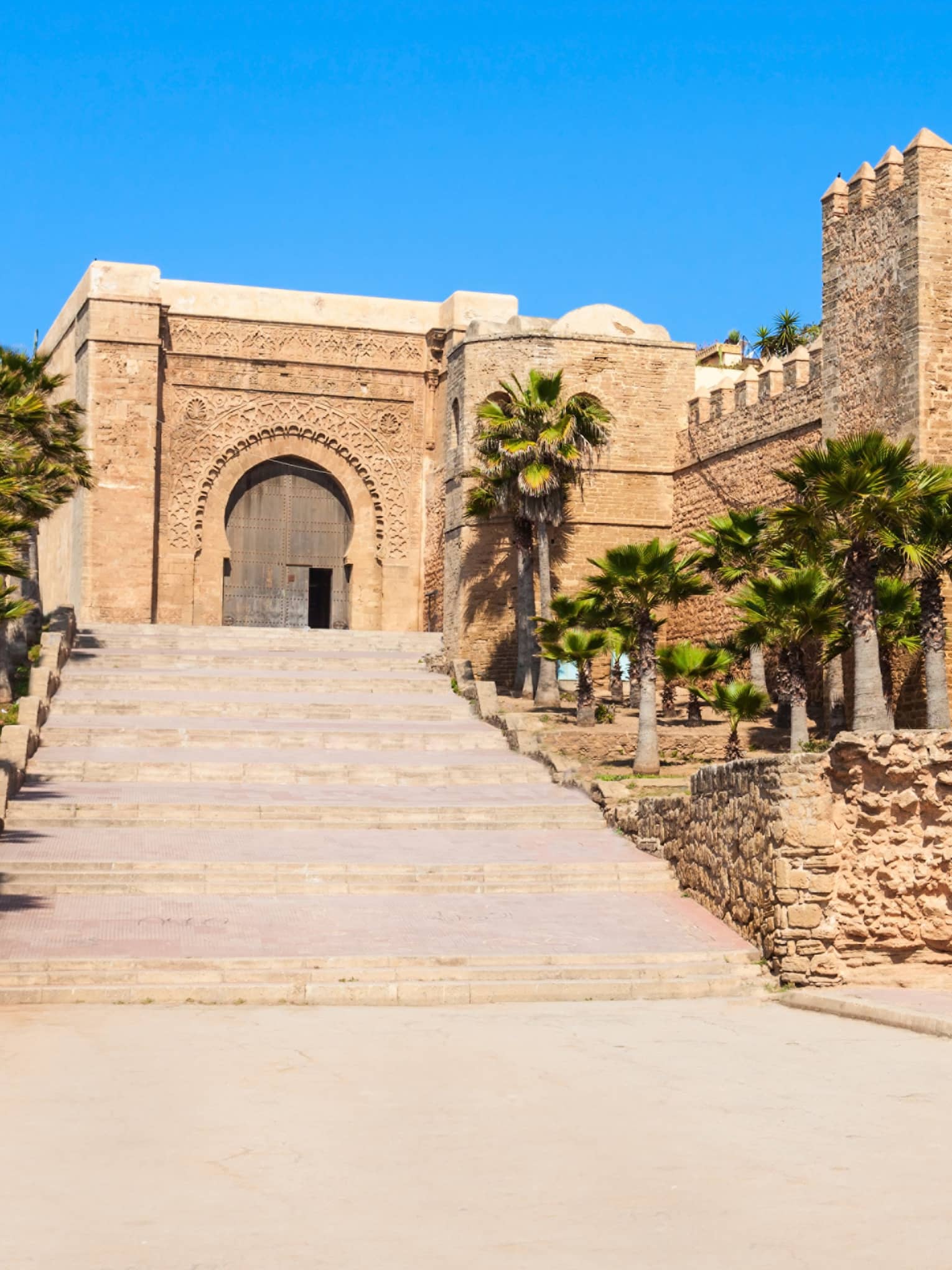Wide stone steps flanked by palms lead up to a sprawling castle-like building with a massive arched entrance and battlements.