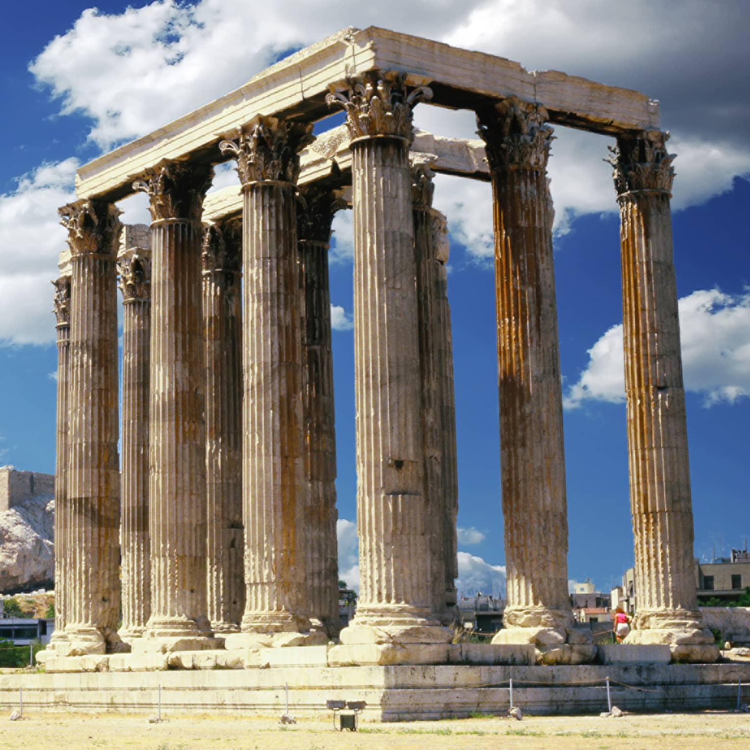 A temple with towering columns featuring intricate designs; more ruins and the Parthenon prominent in the background.