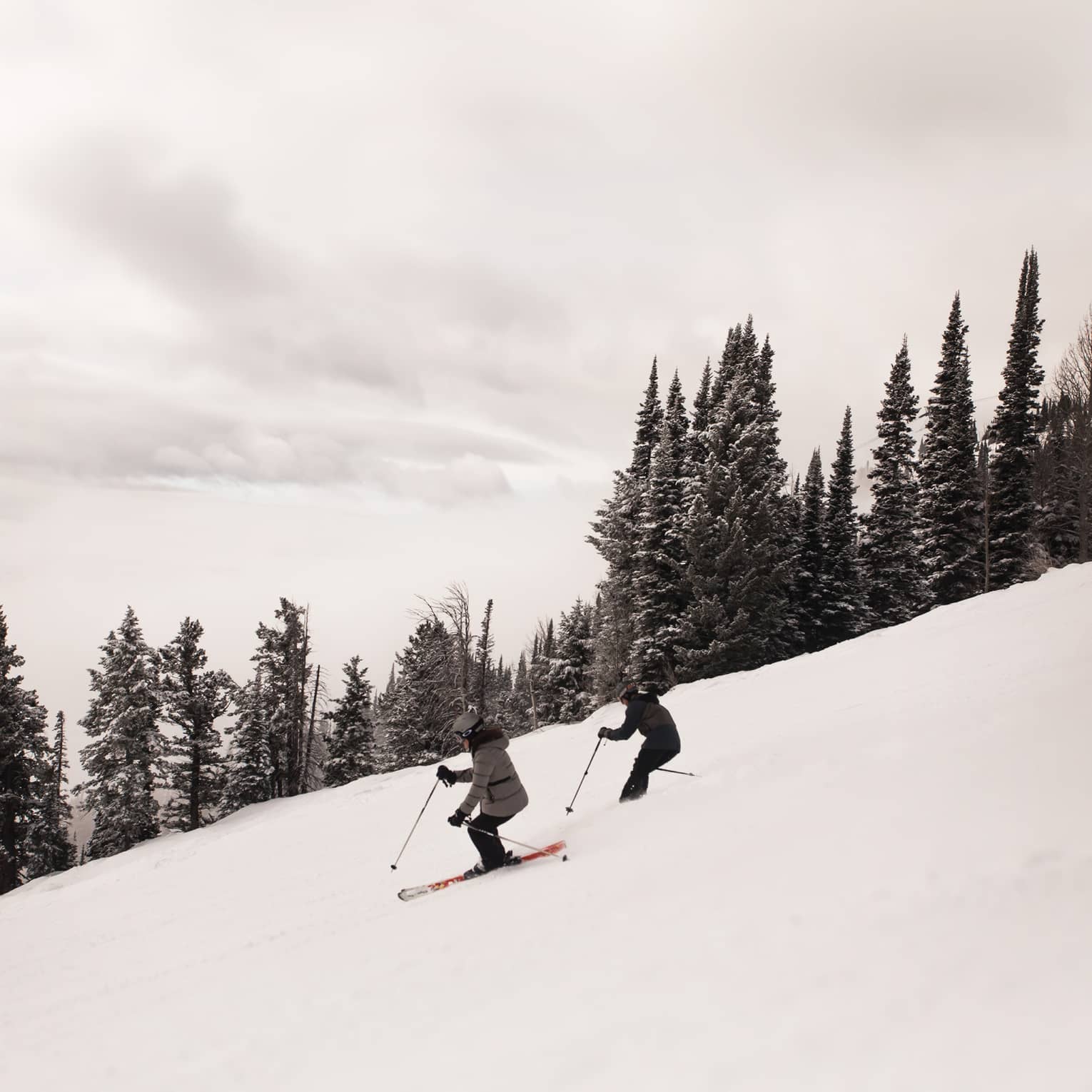 Arial view of two skiers descending a snow covered slope 