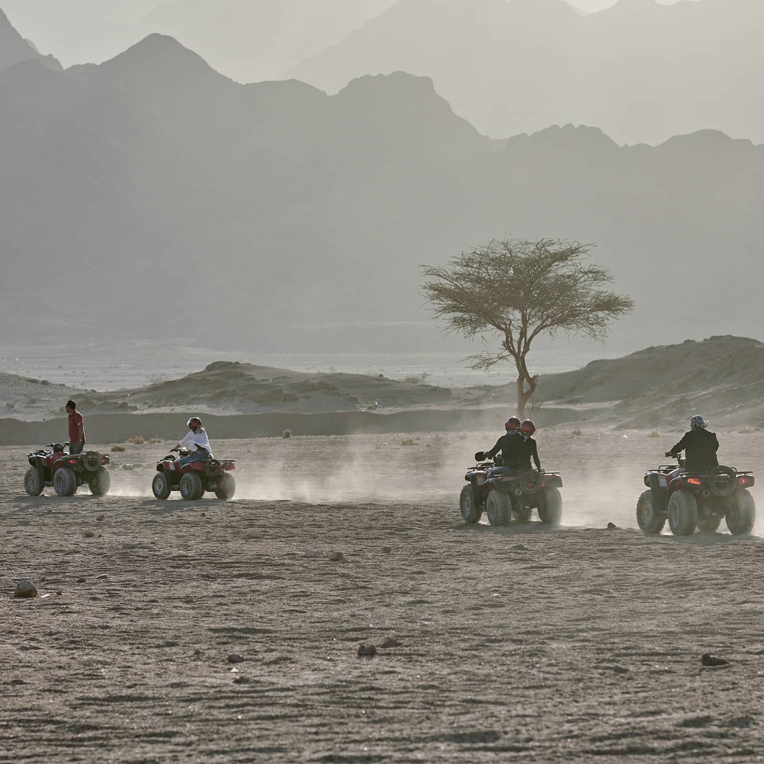 Adventurous guests leave clouds of dust in their wake as they ride four heavy-duty quad bikes across a wide desert landscape.