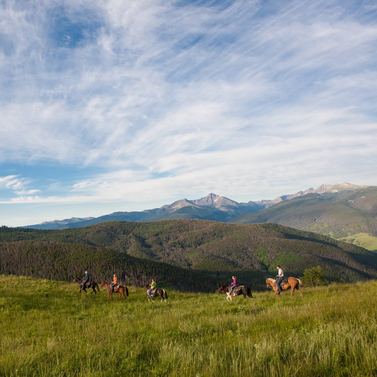 A group of people on horseback riding along grass and hills.