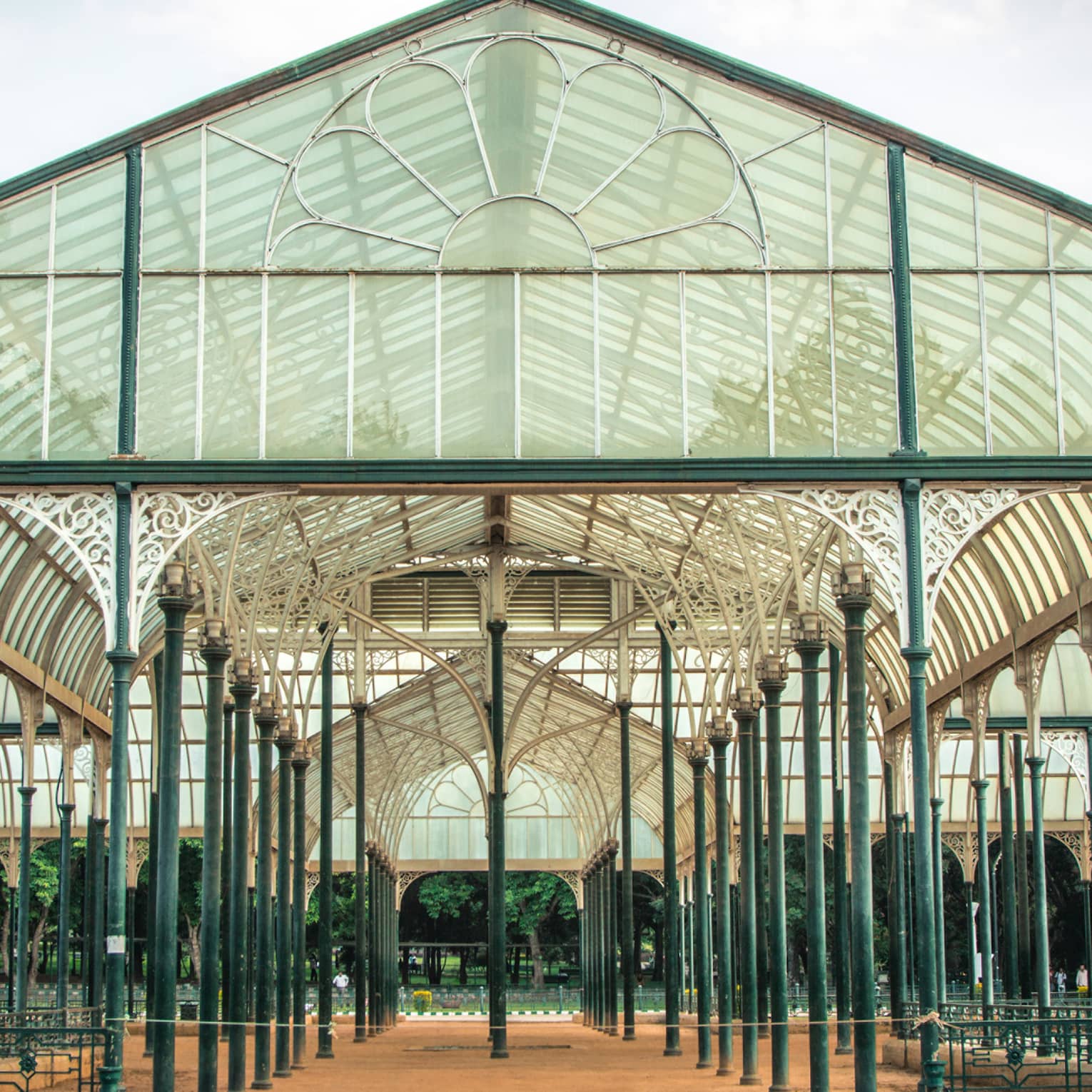 Arched entrance to Glasshouse at Lalbagh Gardens in Bangalore, India