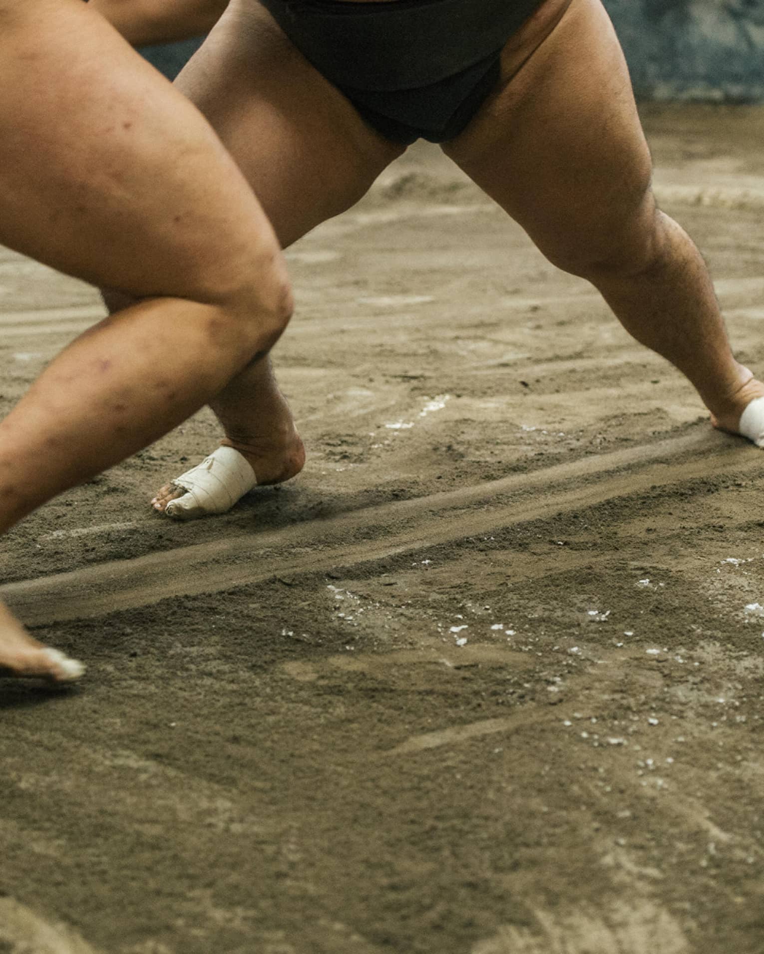 Two sumo wrestlers participate in a match