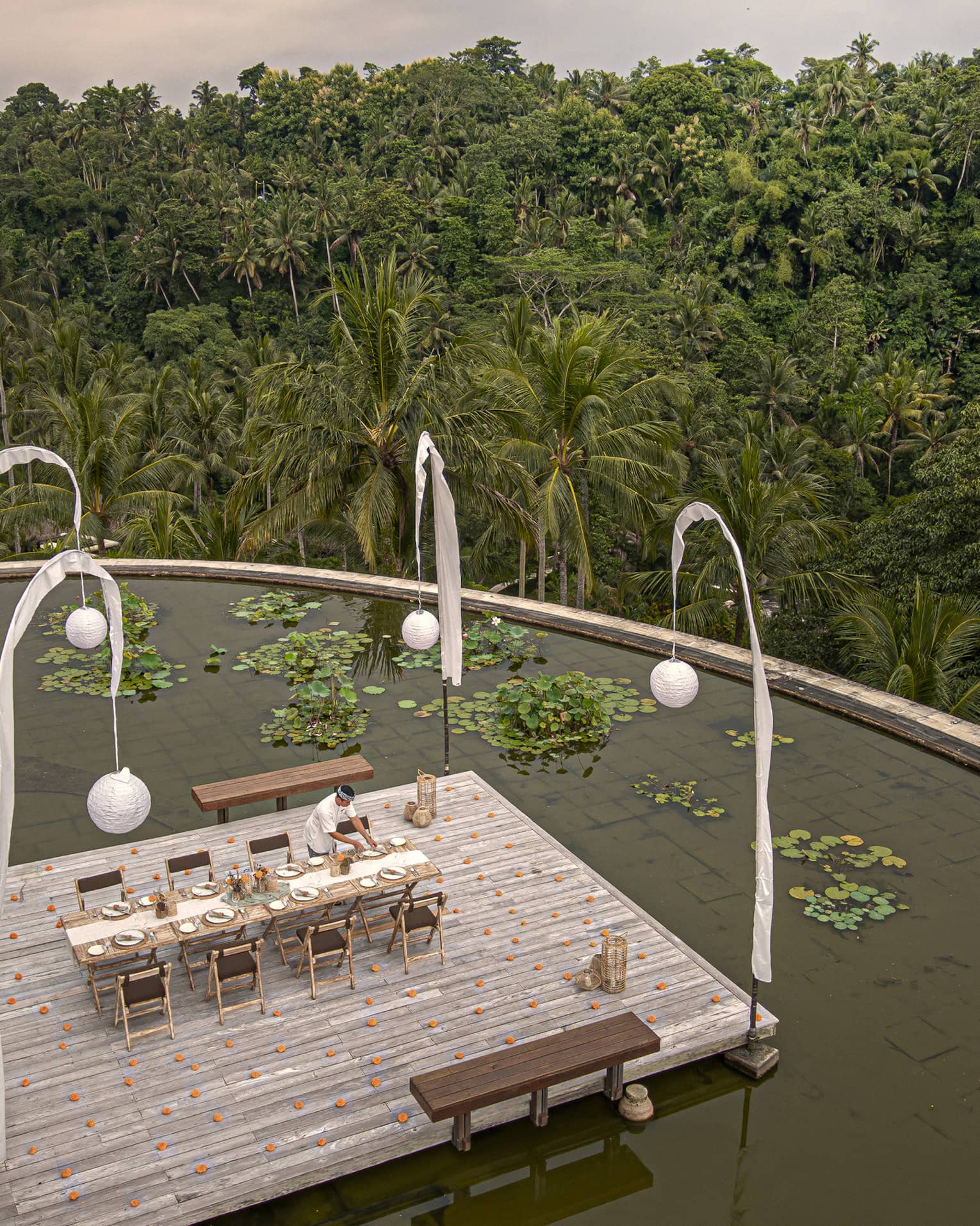 Bird's-eye view of a long table on a deck in a lotus pond, the jungle canopy stretching off into the distance below.