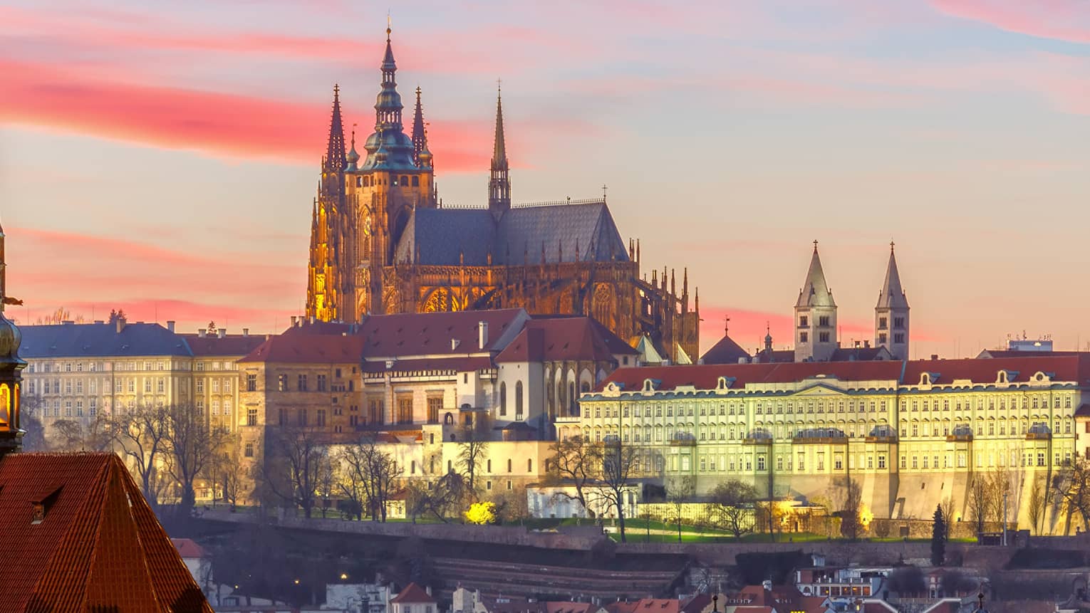 View over Prague, Czech Republic at sunset, Church of Our Lady before Tyn, Old Town