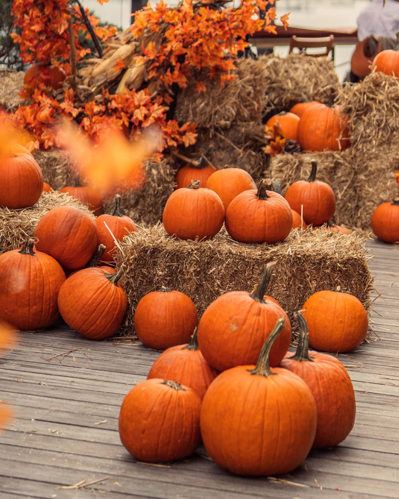 Pumpkins and hay on a wooden deck