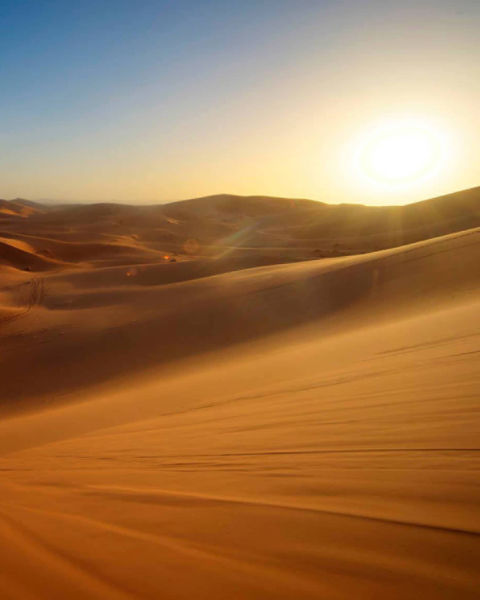 In the far-off distance, a camel caravan crosses a vast expanse of undulating sand dunes under a low-hanging sun.
