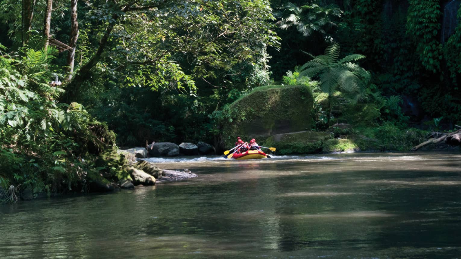 People water rafting along Ayung River beneath trees 