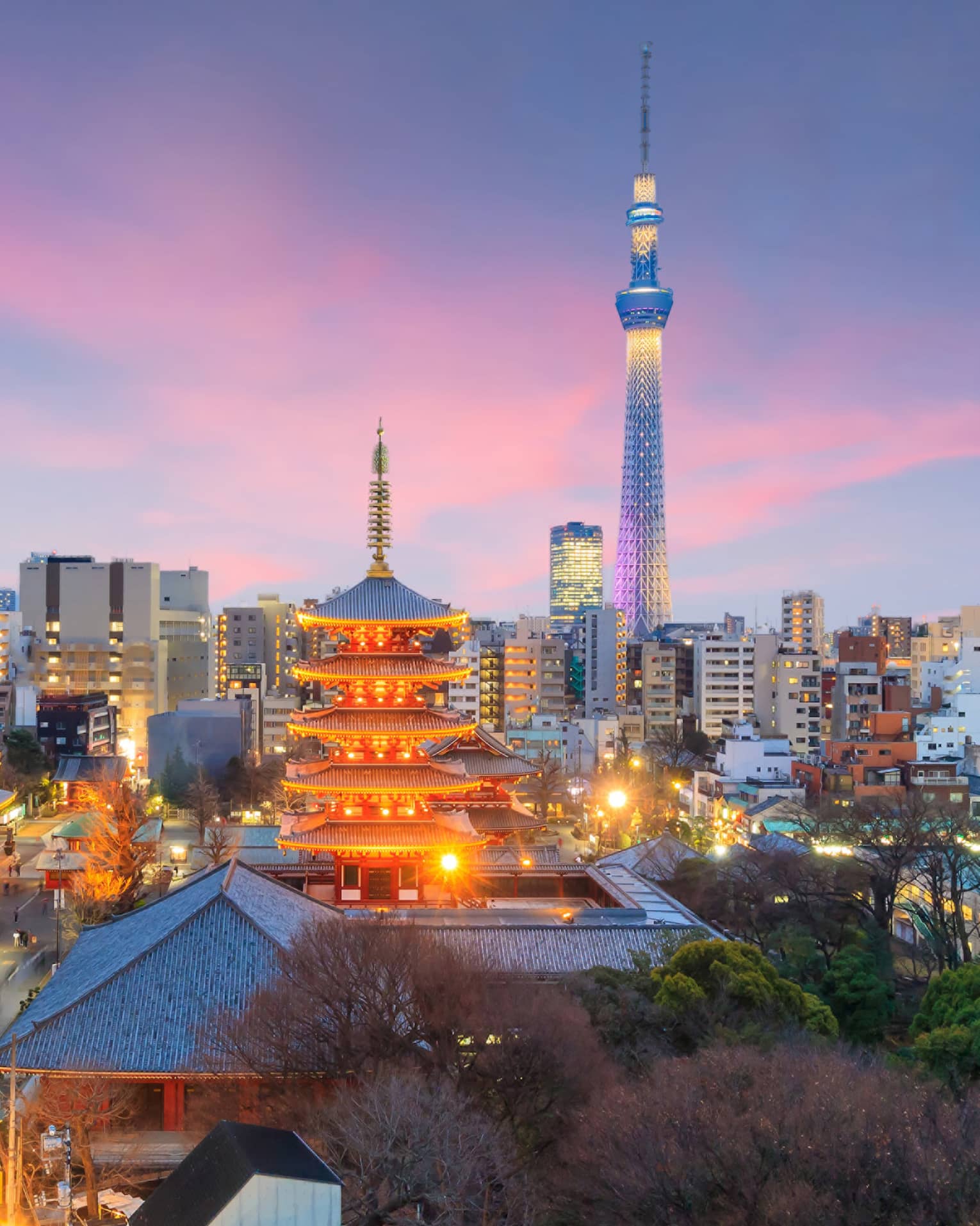 Illuminated city buildings, temples at night