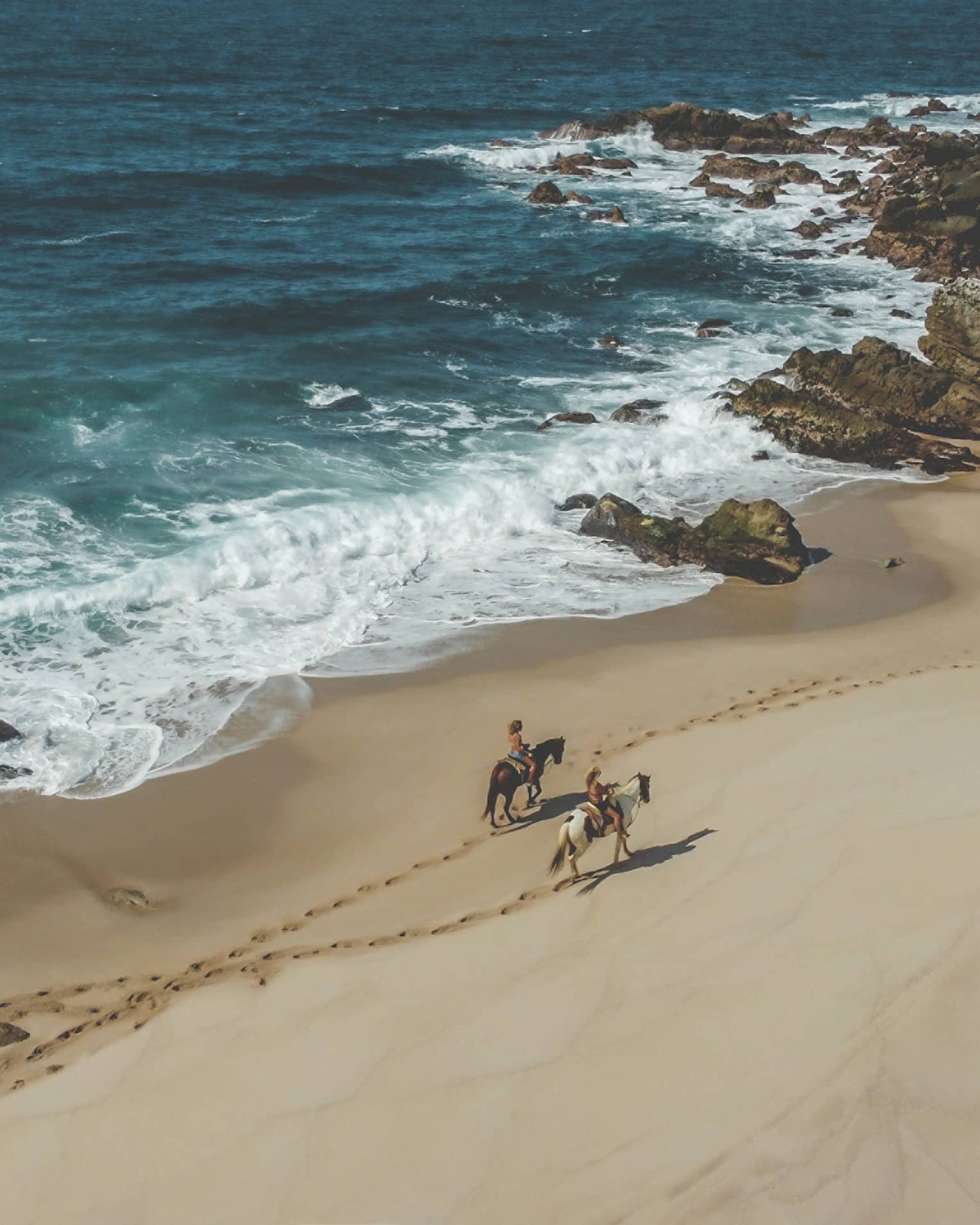 Two people riding horses on the beach next to the ocean.