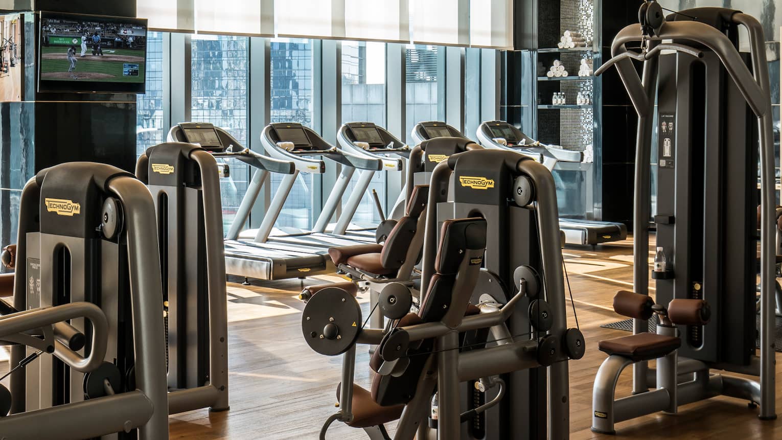 Treadmills, cardio machines by sunny window in Fitness Centre